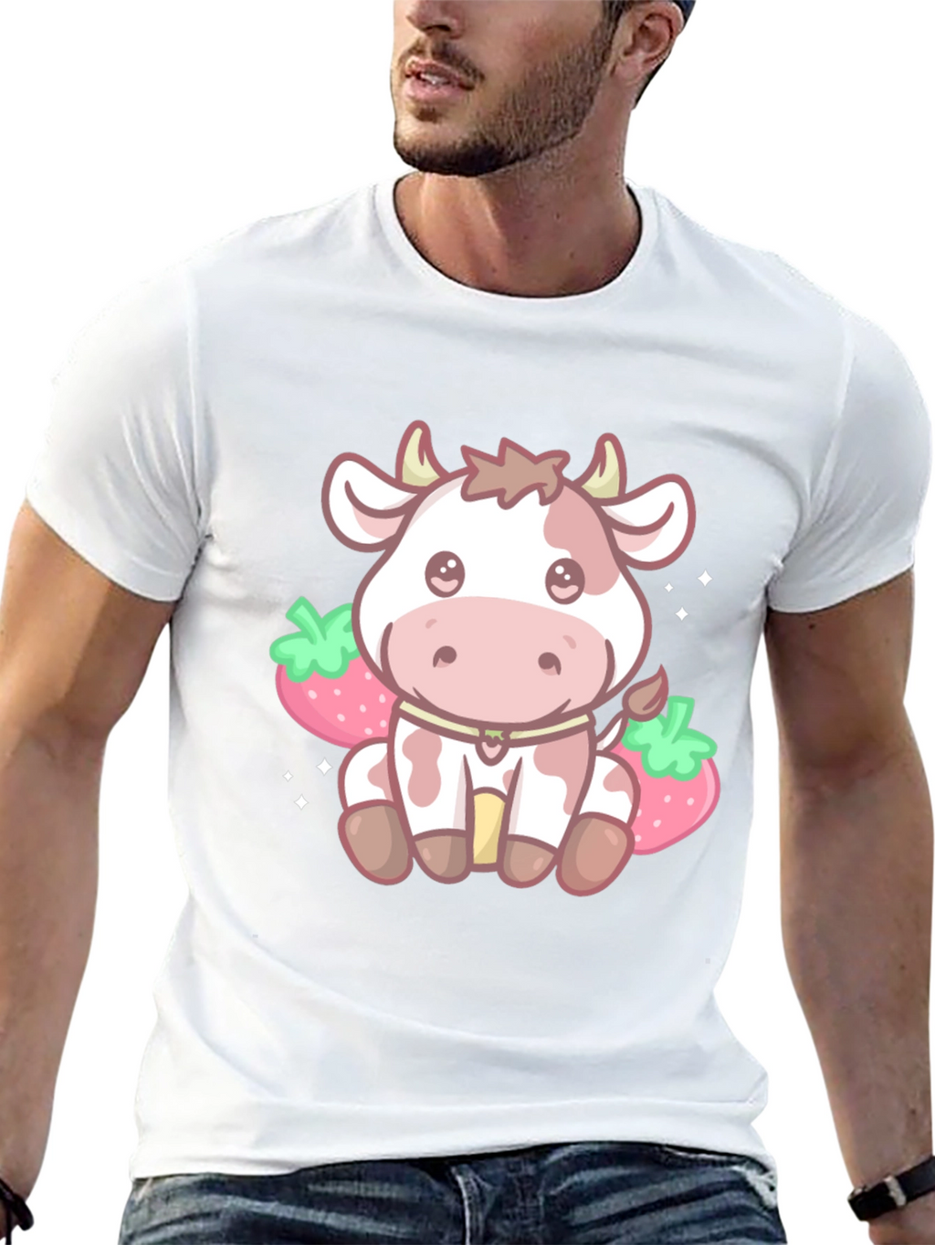 Kawaii Cow & Strawberry Graphic Tee - Black