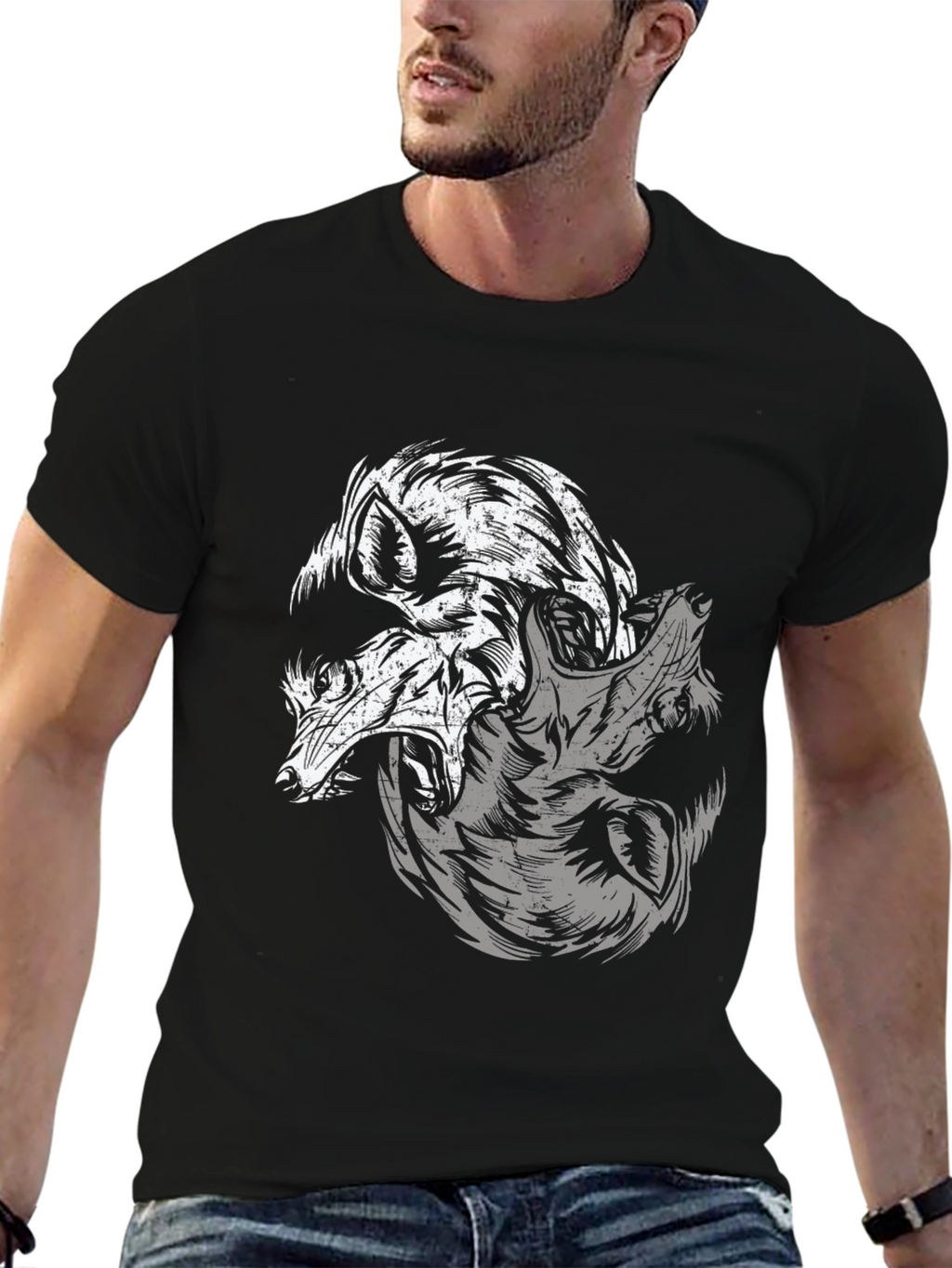 Yin Yang Wolves Graphic Black T-Shirt