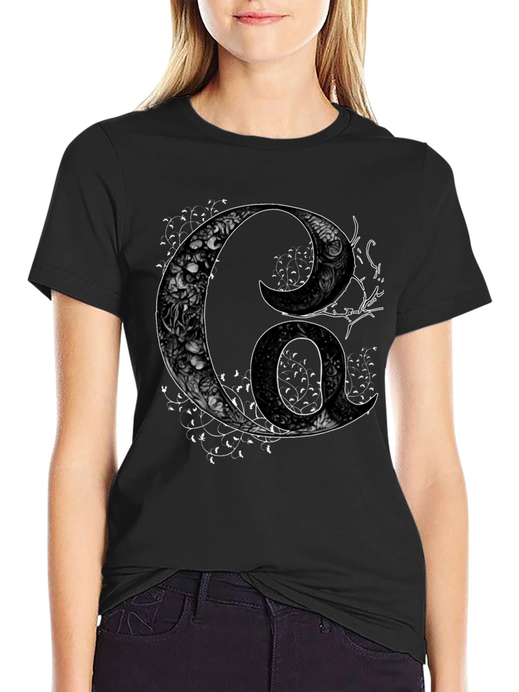 Floral Letter G Mens Black Graphic Tee