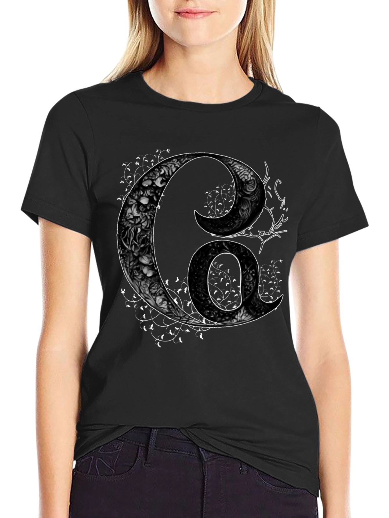 Floral Letter G Mens Black Graphic Tee