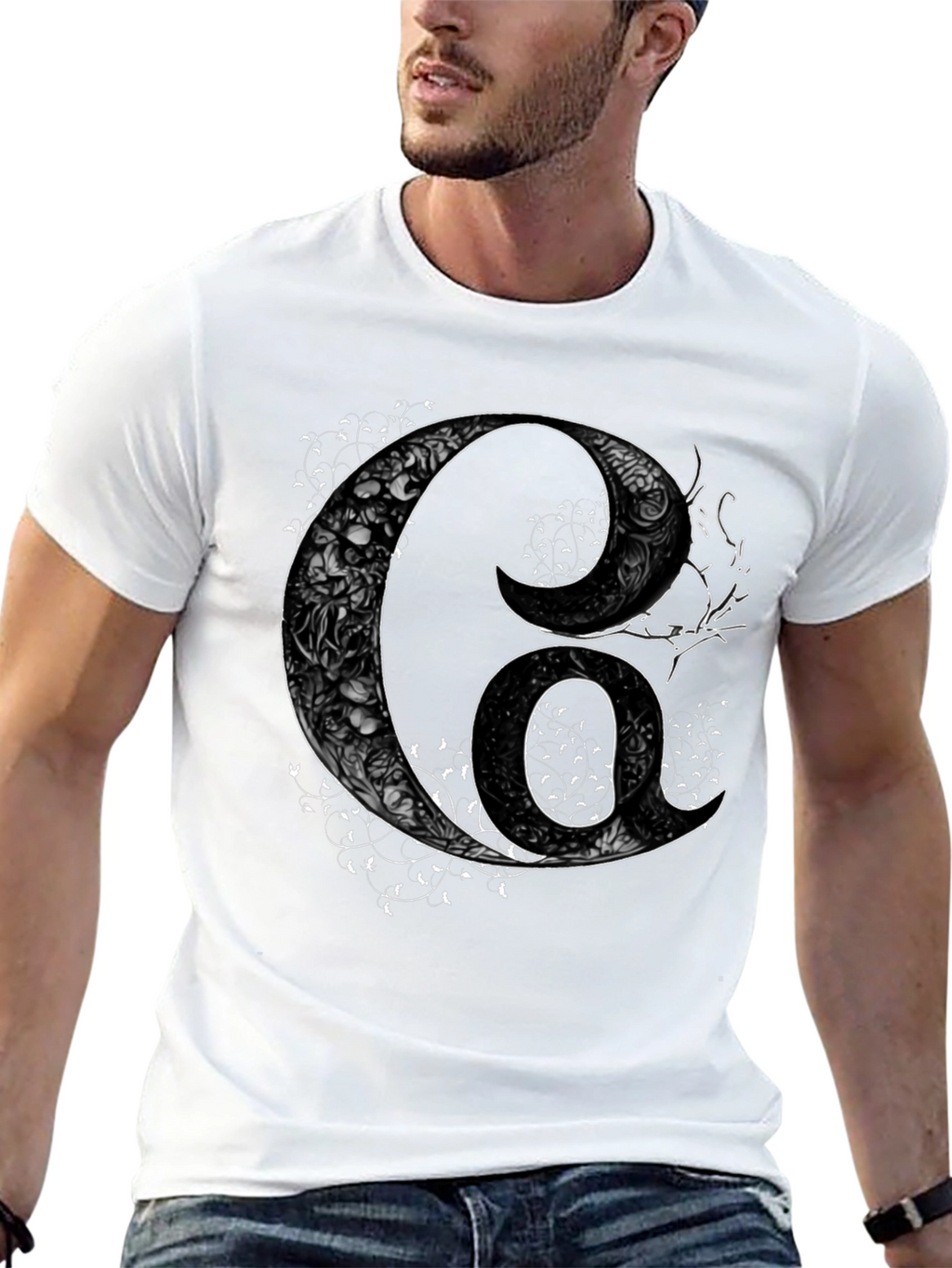 Floral Letter G Mens Black Graphic Tee