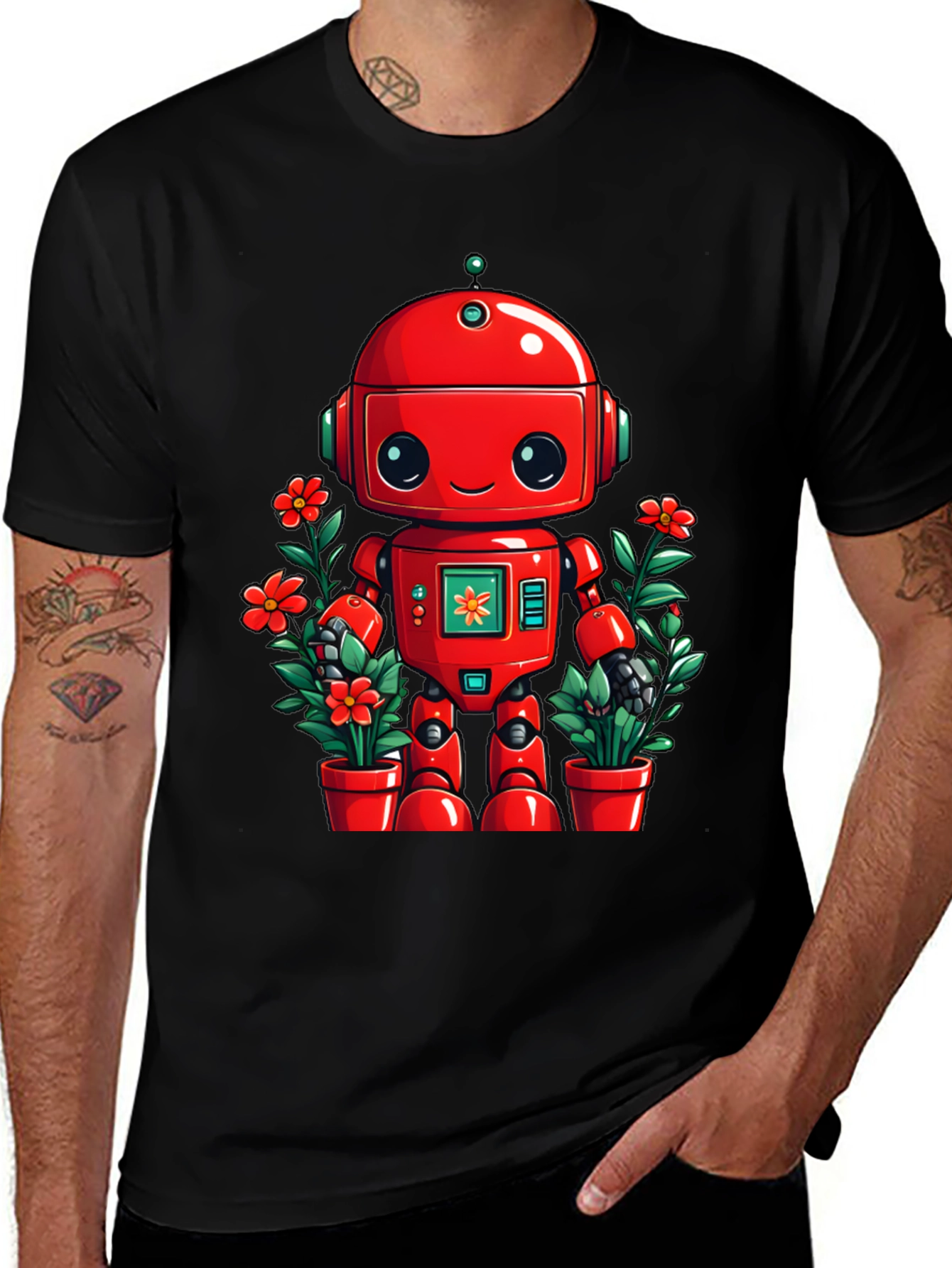 Robot & Flowers Graphic Tee - Black Cotton Shirt