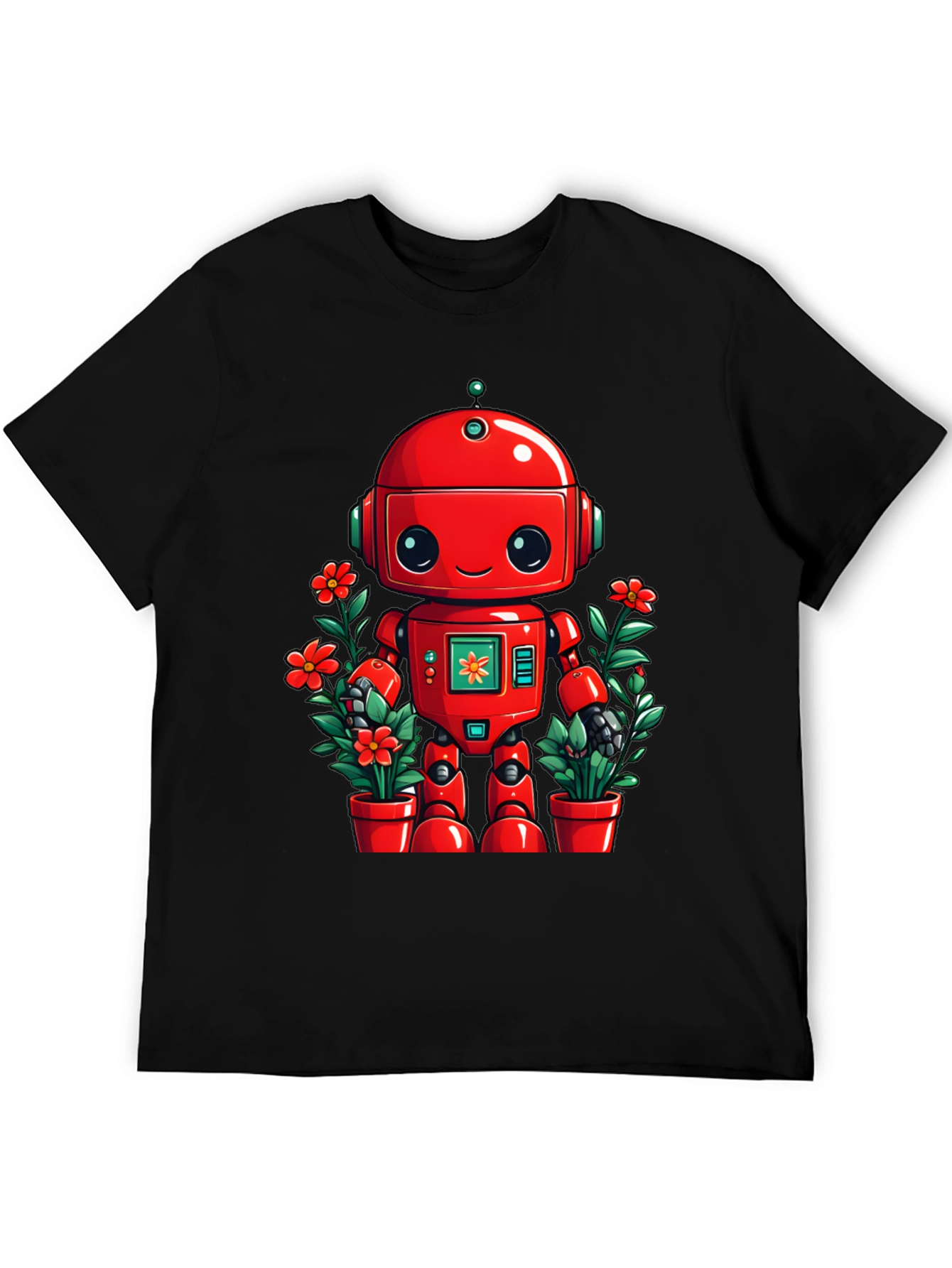 Robot & Flowers Graphic Tee - Black Cotton Shirt