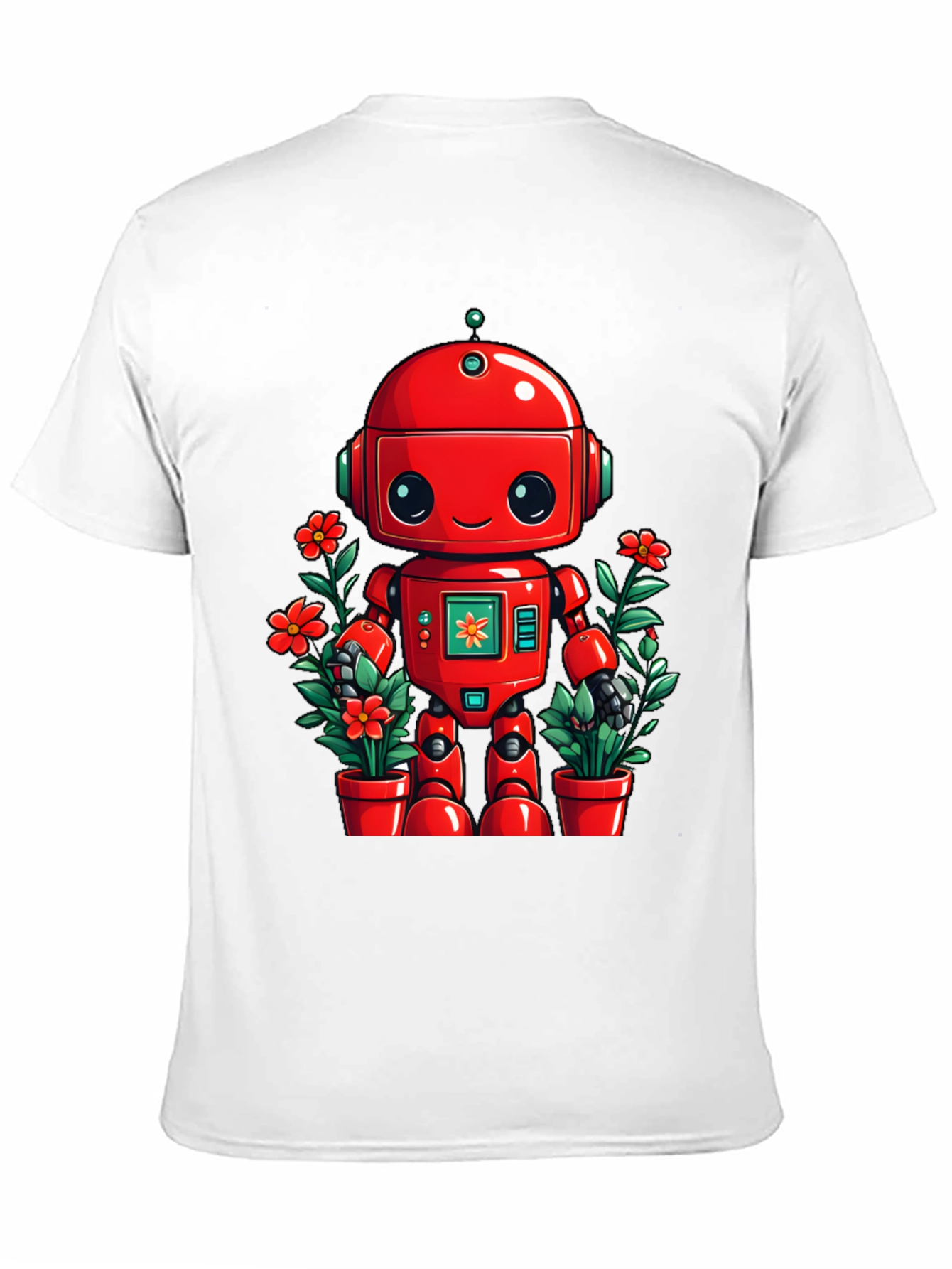 Robot & Flowers Graphic Tee - Black Cotton Shirt