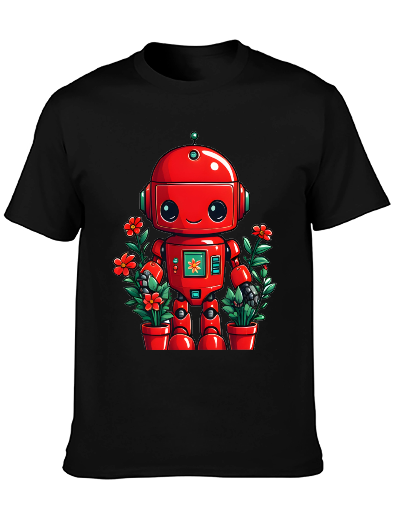Robot & Flowers Graphic Tee - Black Cotton Shirt