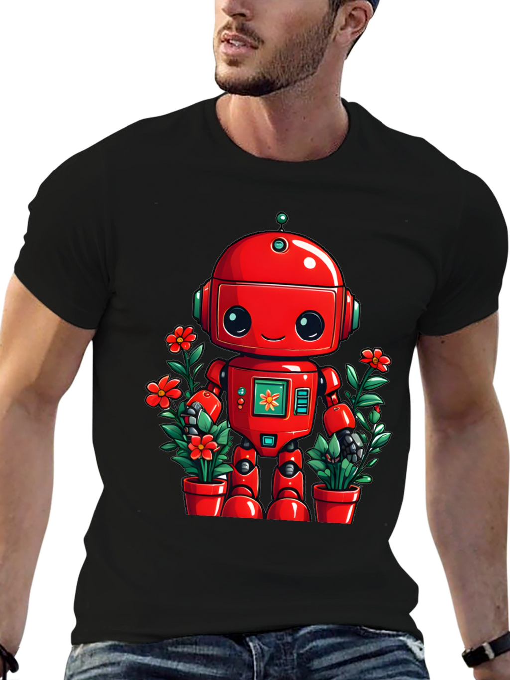 Robot & Flowers Graphic Tee - Black Cotton Shirt
