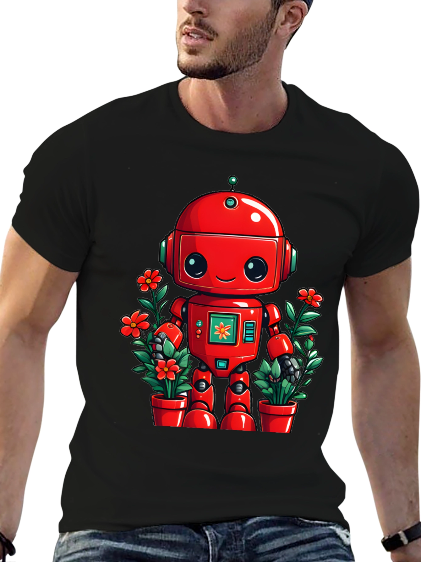 Robot & Flowers Graphic Tee - Black Cotton Shirt