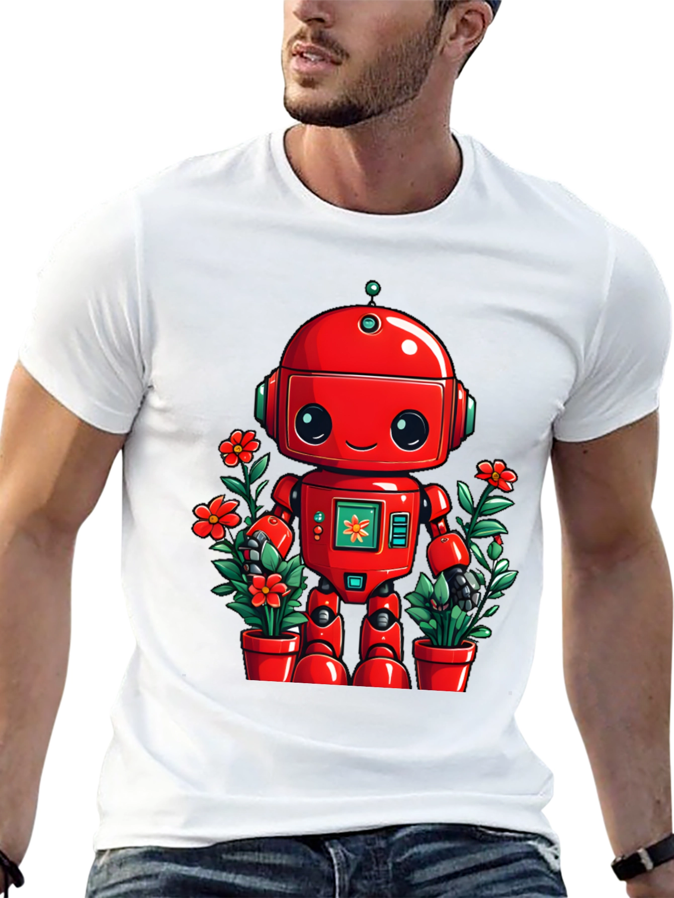Robot & Flowers Graphic Tee - Black Cotton Shirt