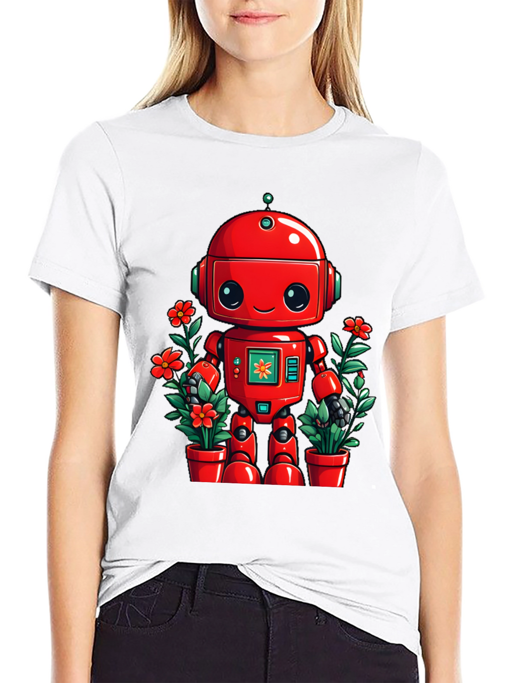 Robot & Flowers Graphic Tee - Black Cotton Shirt