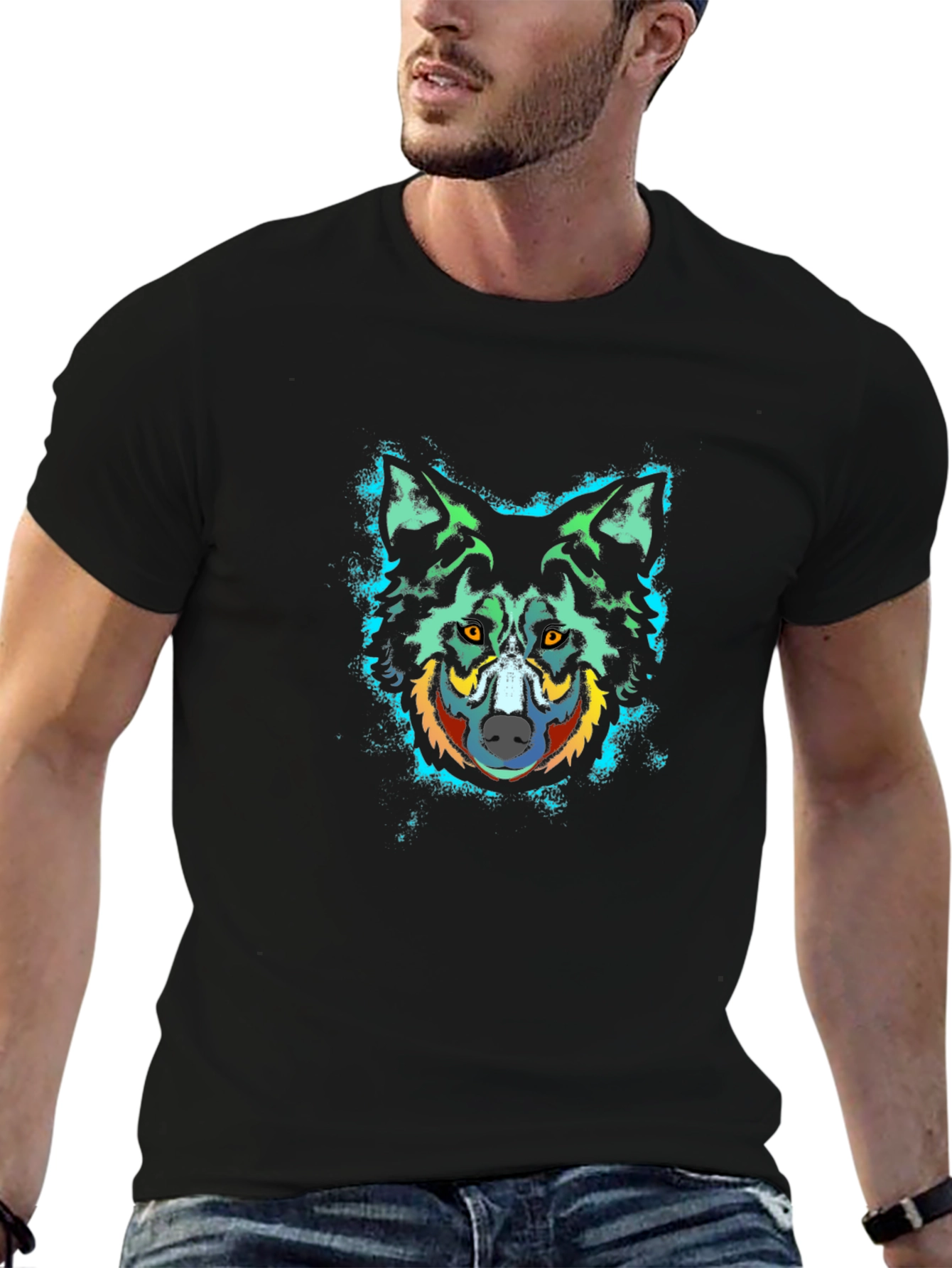 Wolf Graphic Print Crew Neck Black T-Shirt