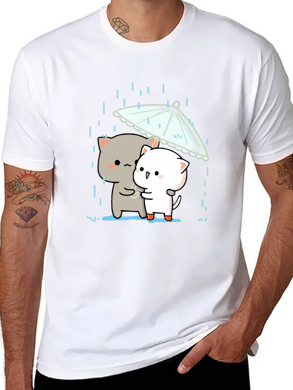 Cute Cats Under Umbrella Graphic Tee - Black