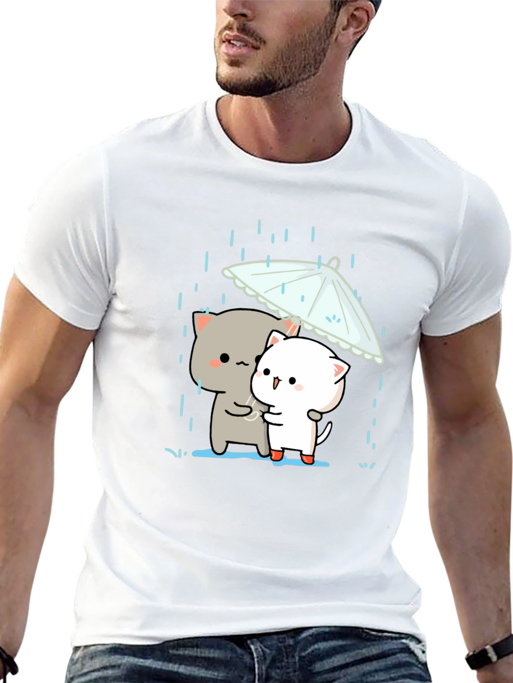 Cute Cats Under Umbrella Graphic Tee - Black