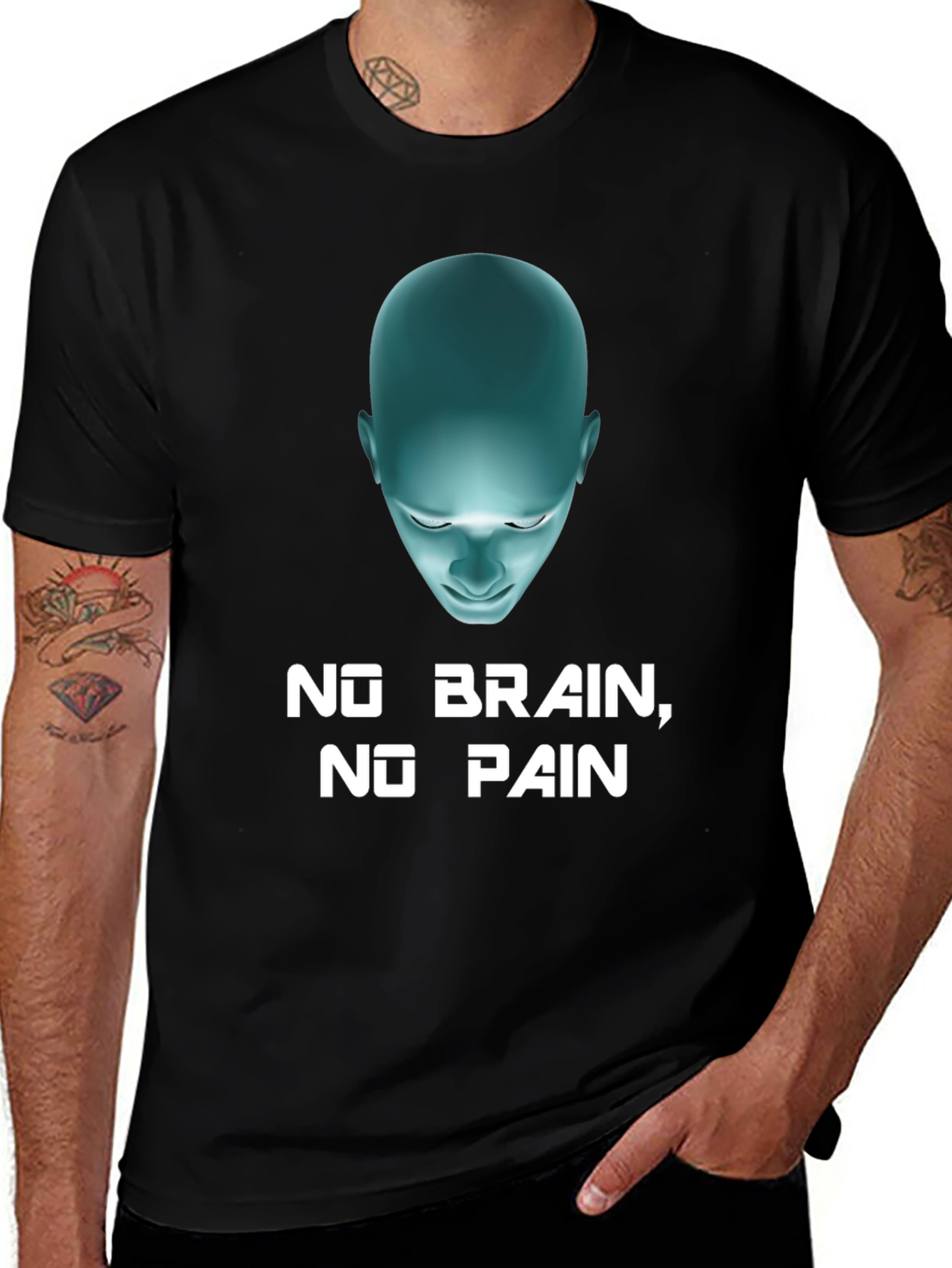 Humorous No Brain No Pain Graphic Tee - Black