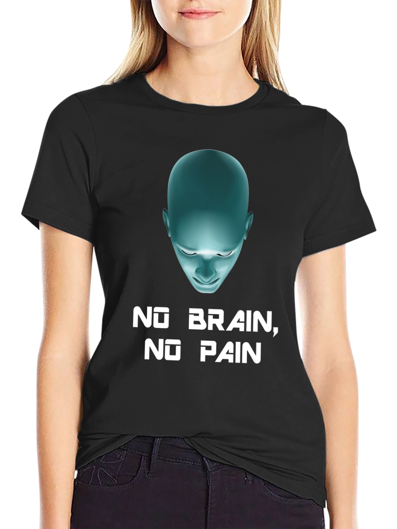 Humorous No Brain No Pain Graphic Tee - Black