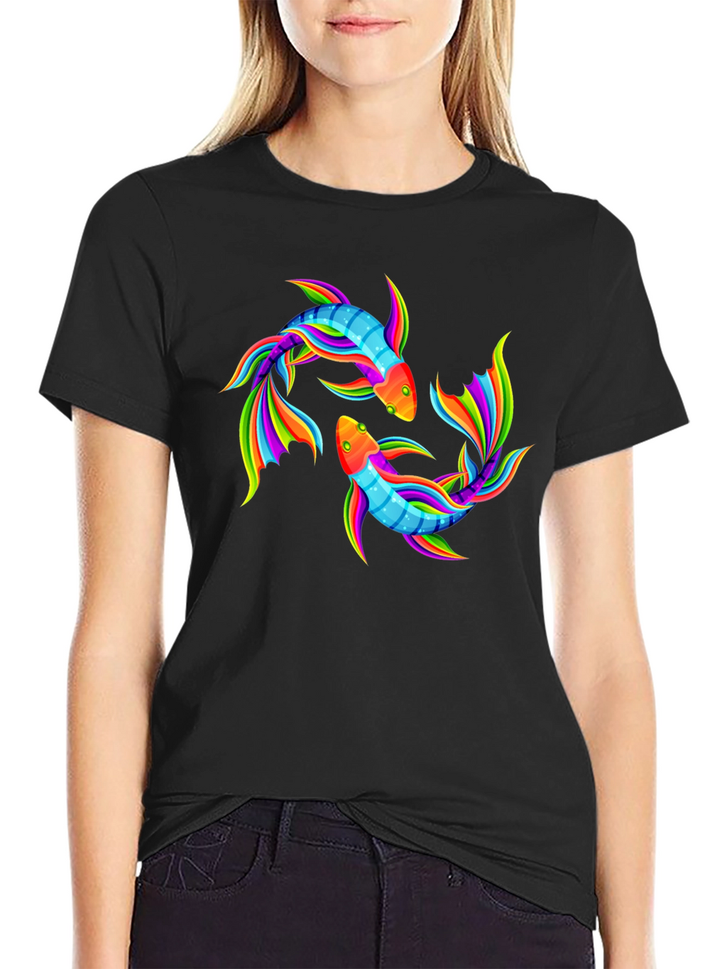 Rainbow Koi Fish Graphic Black T-Shirt
