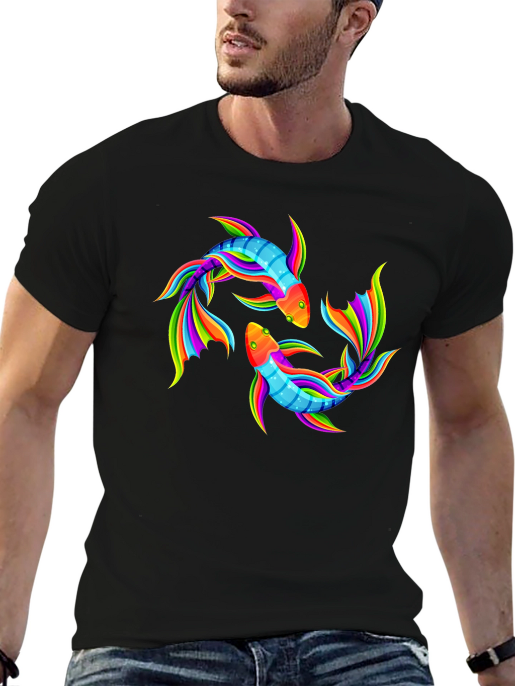 Rainbow Koi Fish Graphic Black T-Shirt