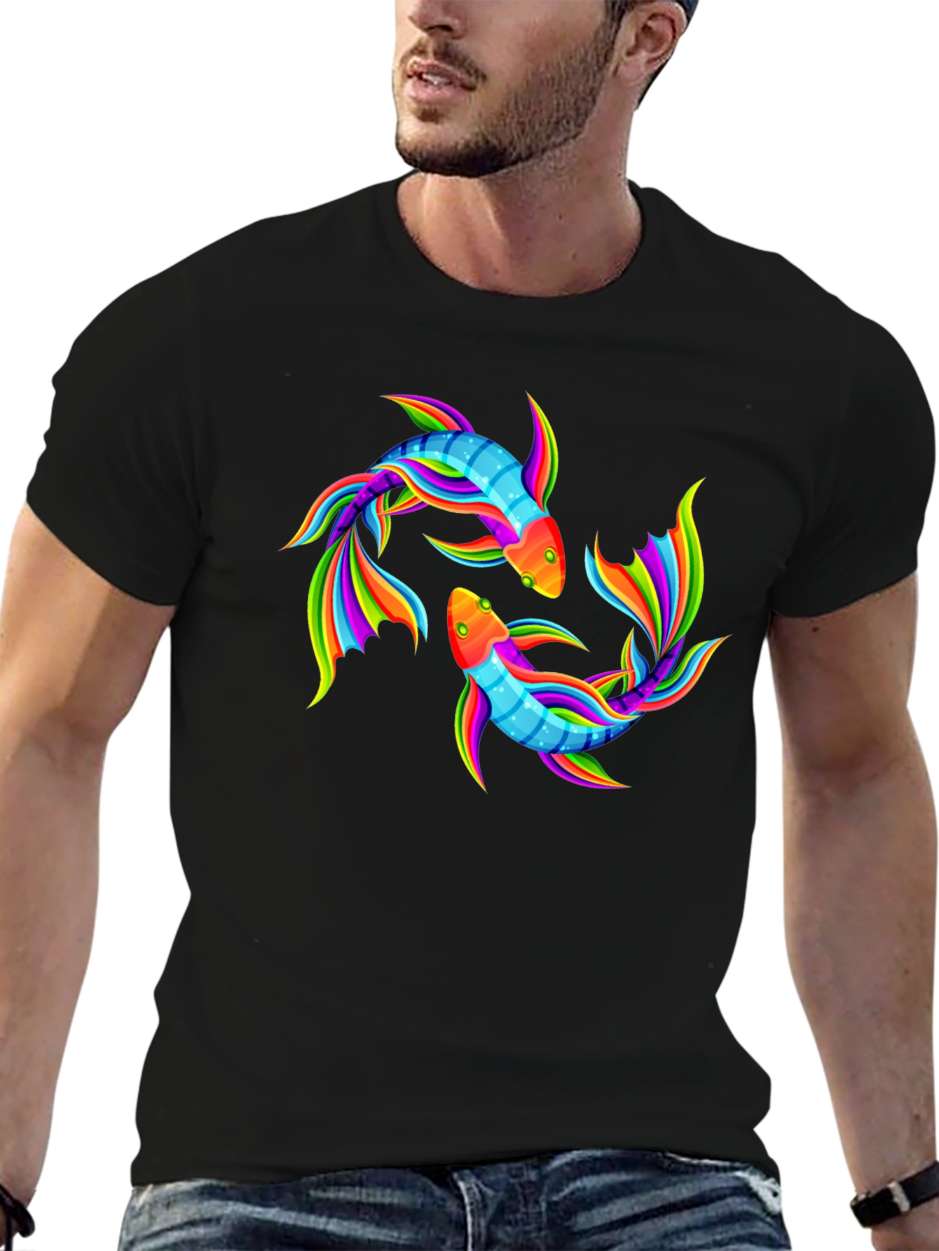 Rainbow Koi Fish Graphic Black T-Shirt