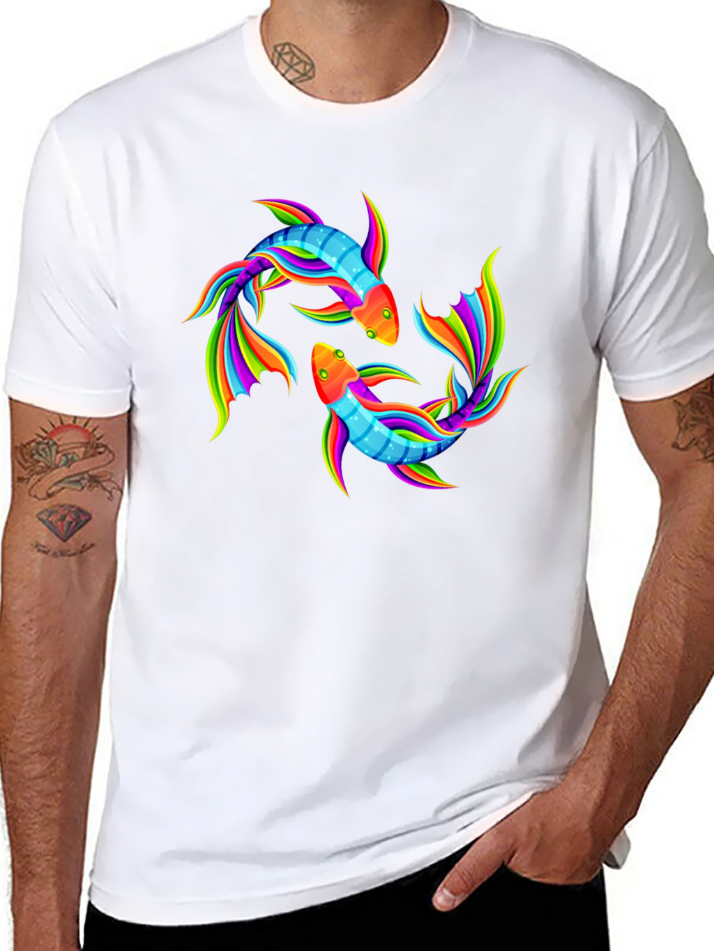 Rainbow Koi Fish Graphic Black T-Shirt