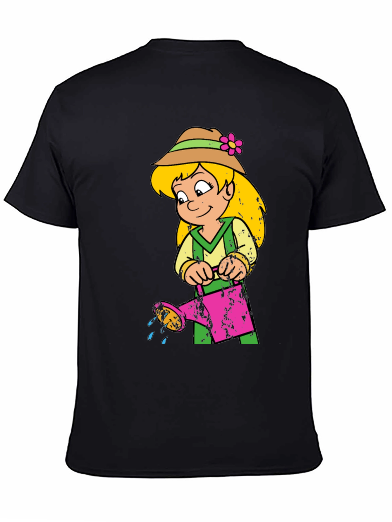 Cartoon Girl with Watering Can Black T-Shirt