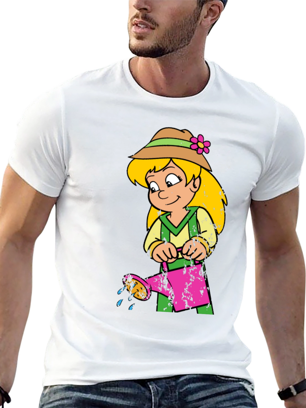 Cartoon Girl with Watering Can Black T-Shirt