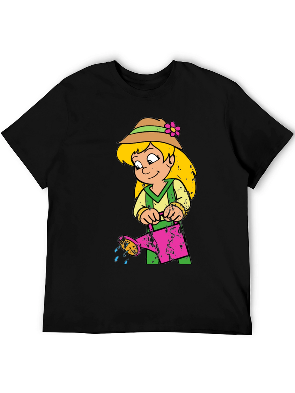 Cartoon Girl with Watering Can Black T-Shirt
