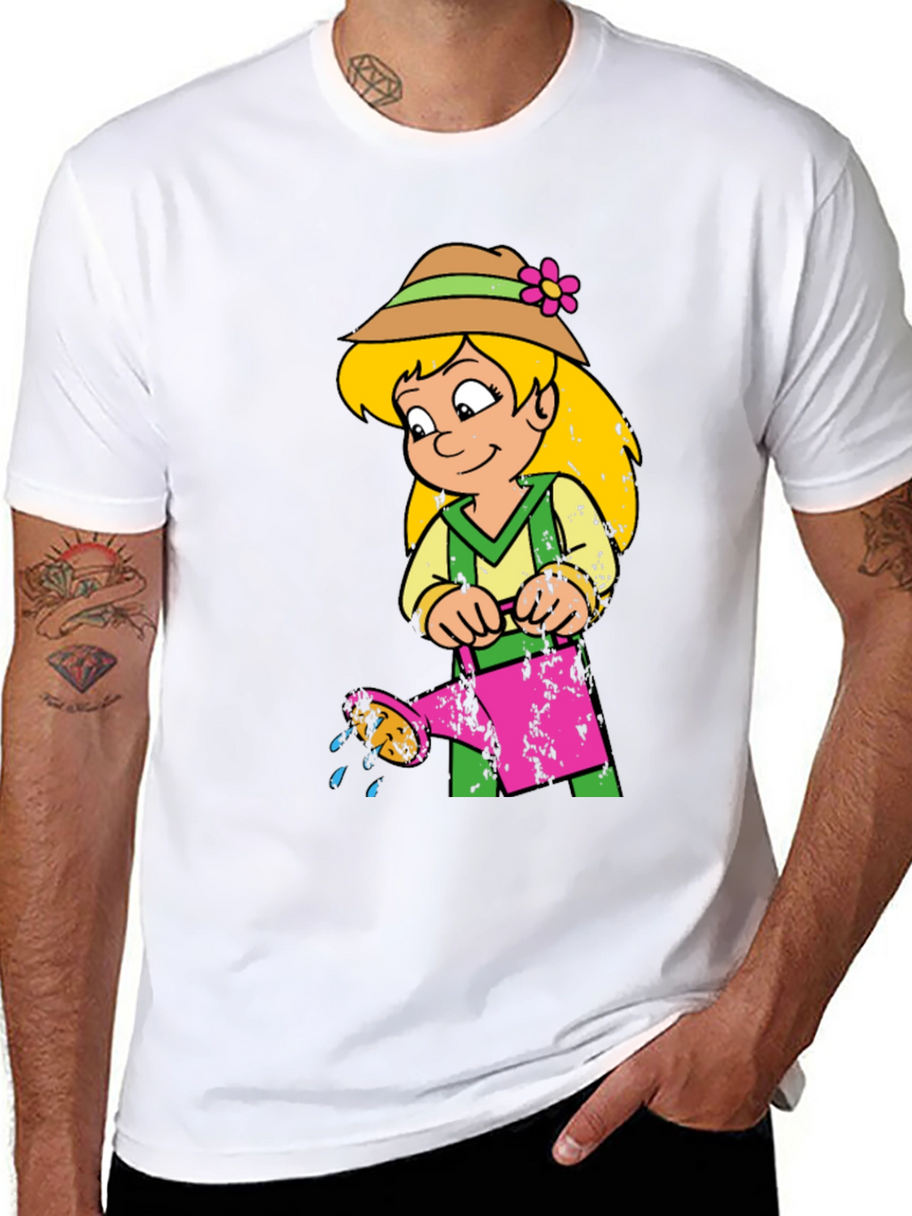 Cartoon Girl with Watering Can Black T-Shirt