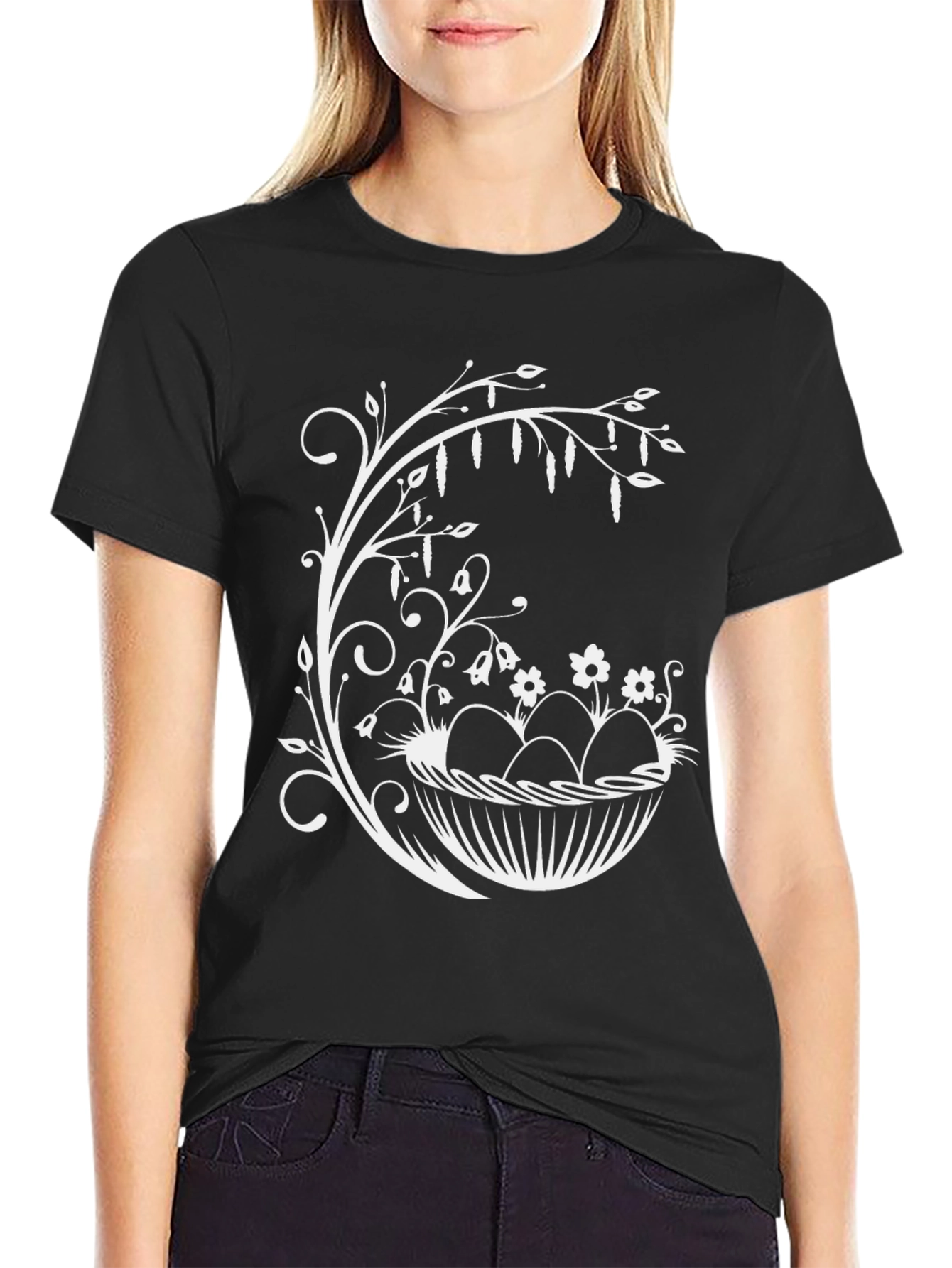 Easter Egg Basket Graphic Tee - Black Cotton Blend