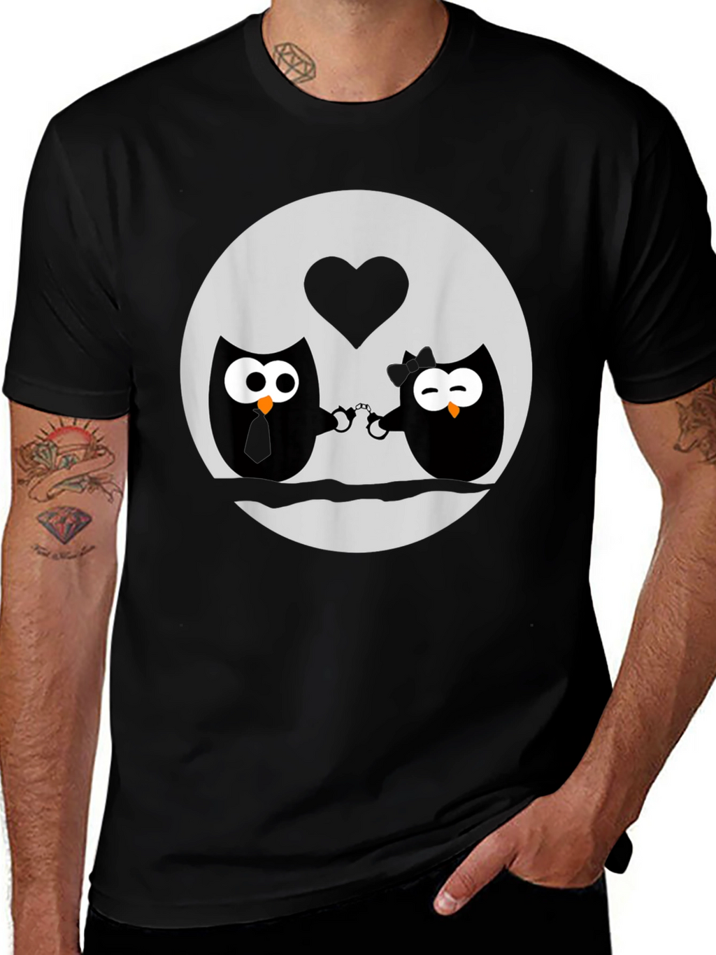 Owl Love T-Shirt - Handcuffed Owls - Black