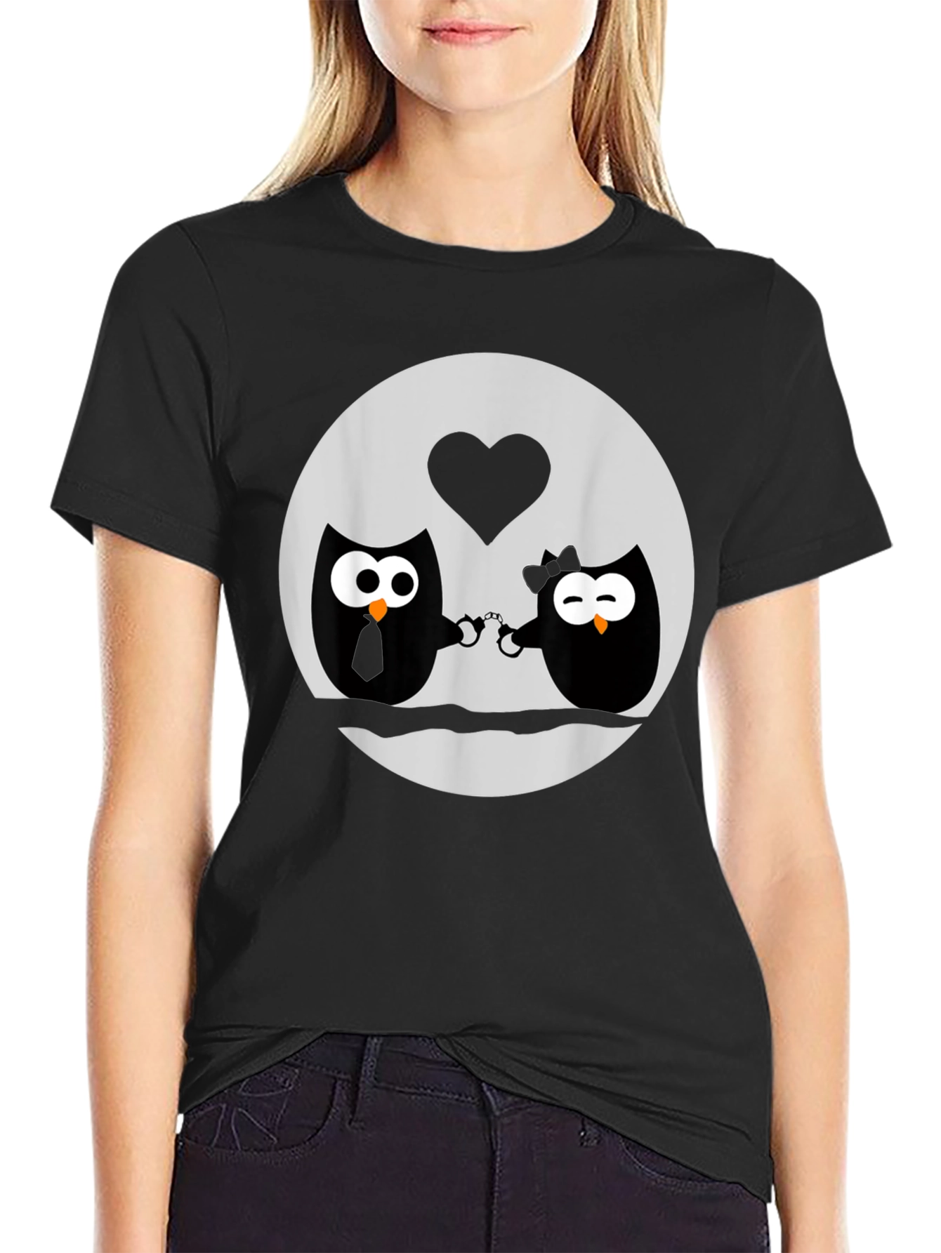 Owl Love T-Shirt - Handcuffed Owls - Black