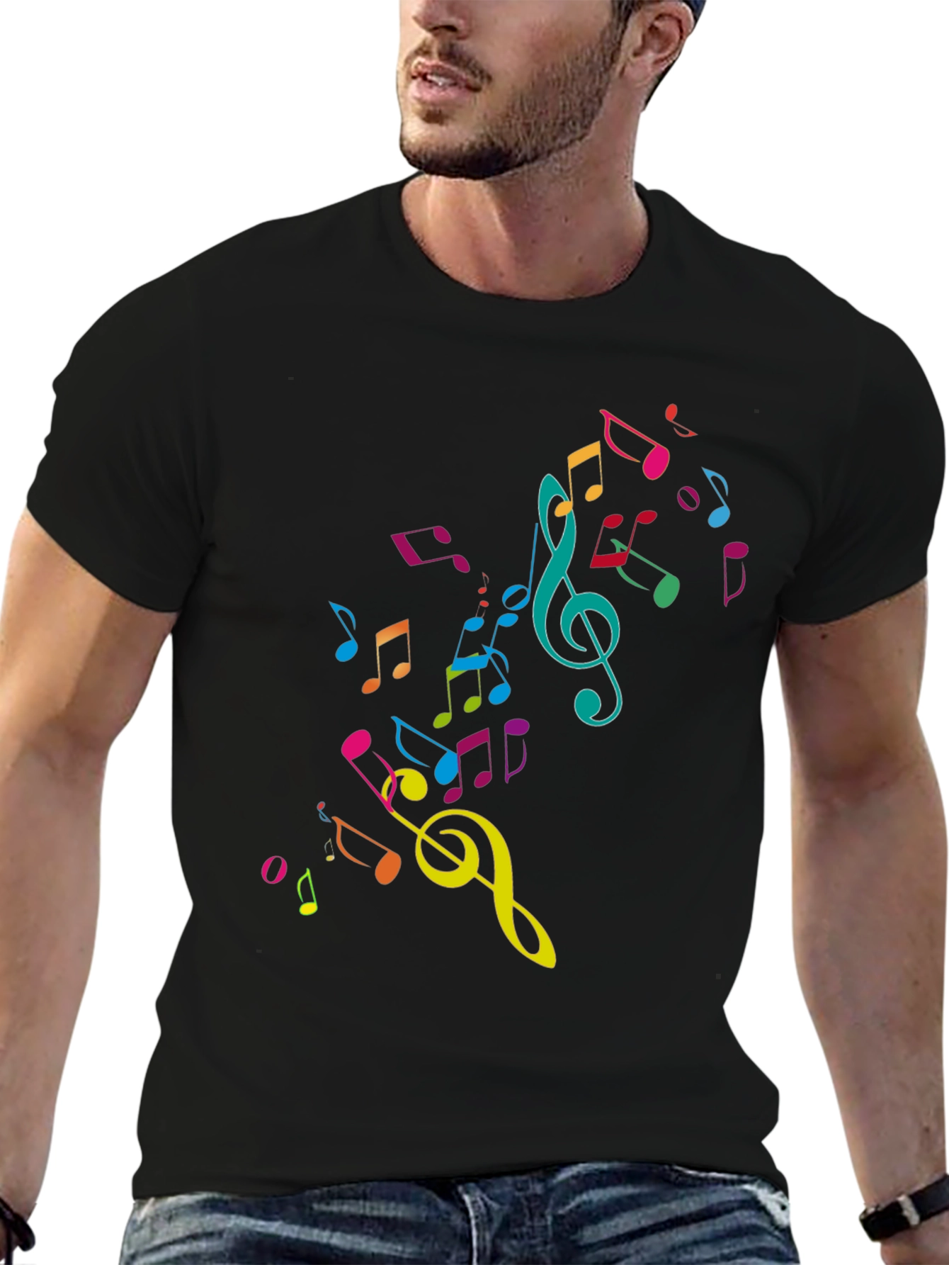 Music Notes Graphic Tee - Black Cotton T-Shirt