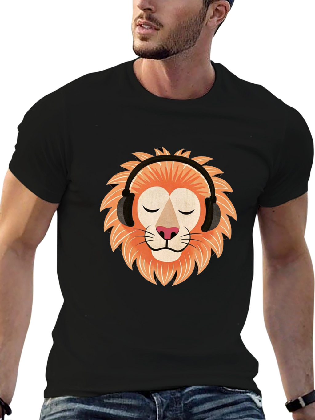 Lion Headphone Graphic Tee - Black Cotton
