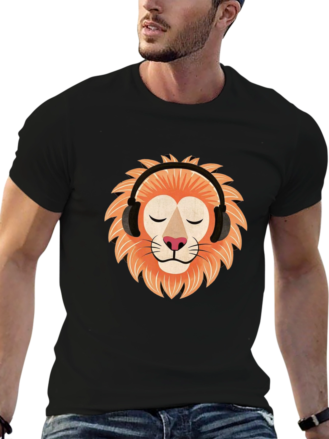 Lion Headphone Graphic Tee - Black Cotton