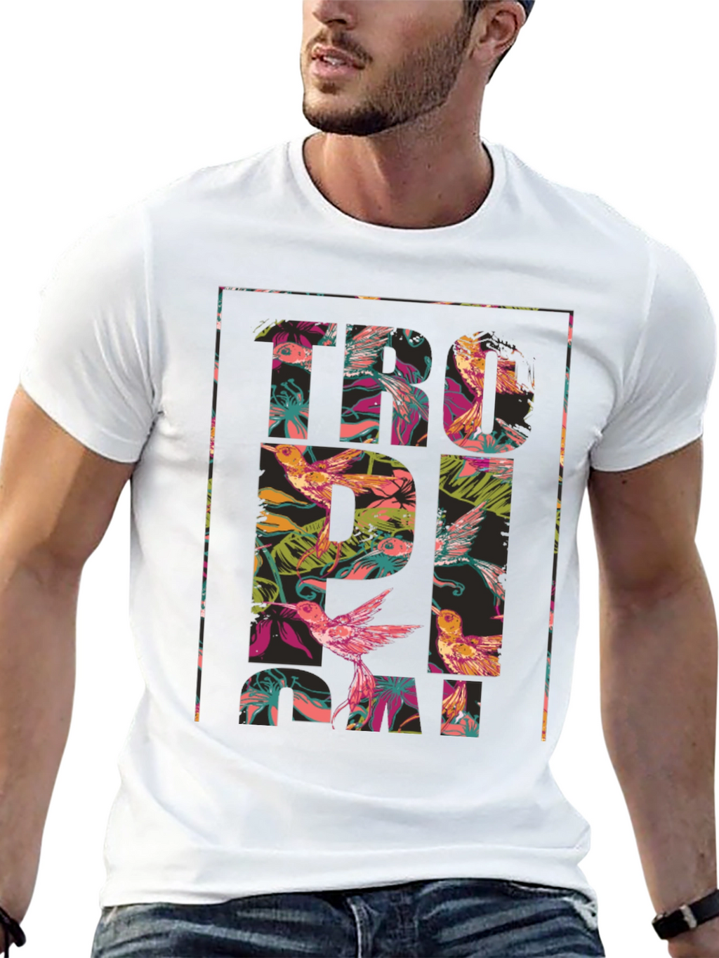 Tropical Floral Hummingbird Graphic T-Shirt