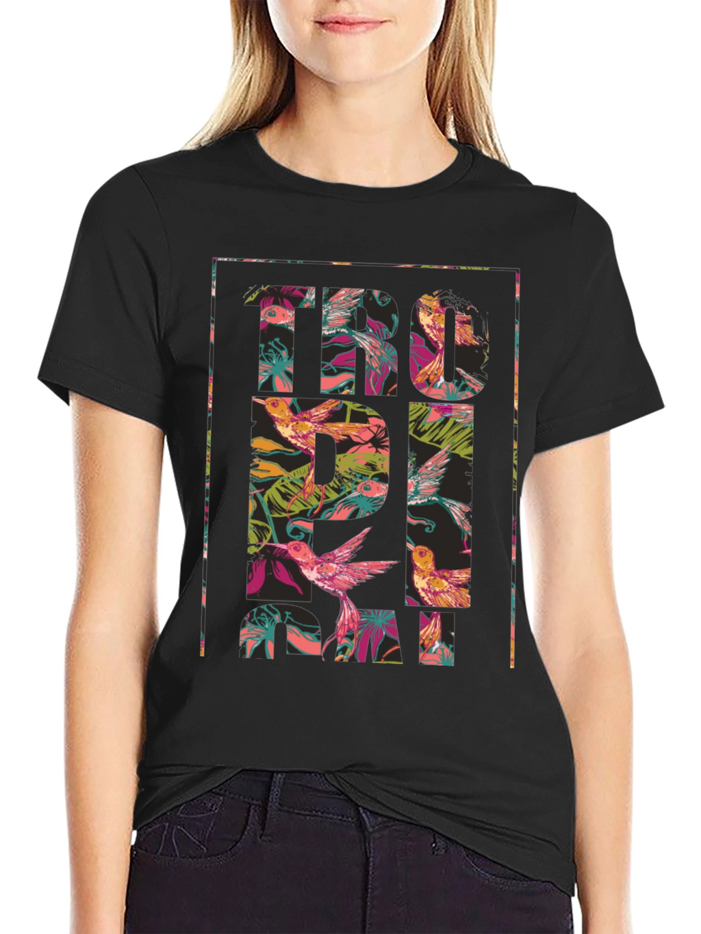 Tropical Floral Hummingbird Graphic T-Shirt