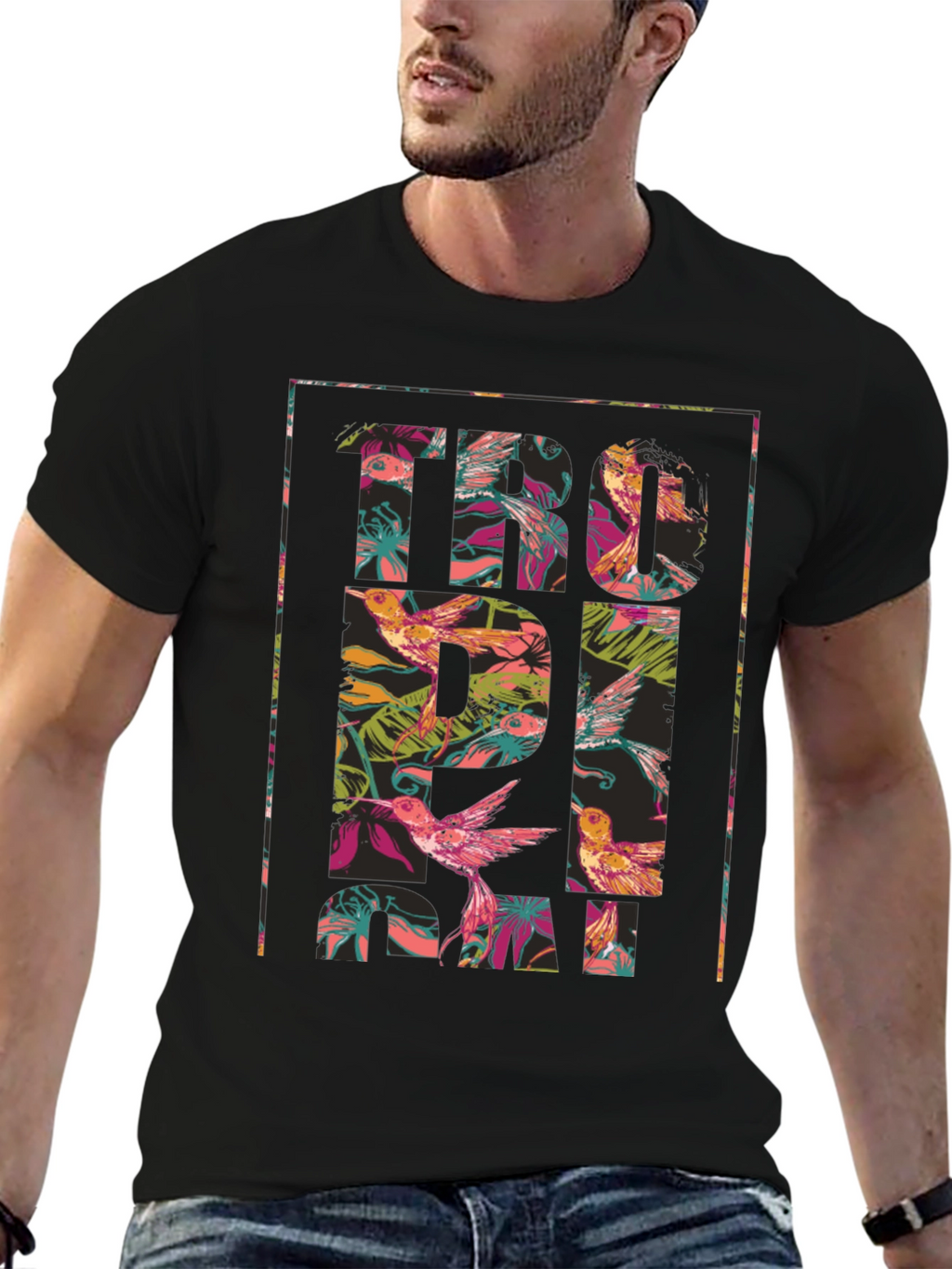 Tropical Floral Hummingbird Graphic T-Shirt