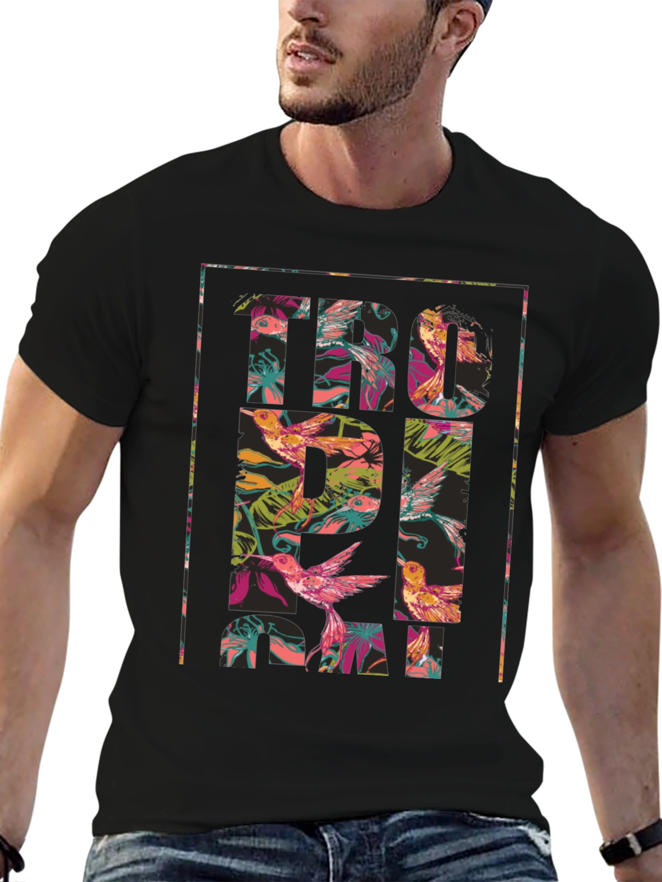 Tropical Floral Hummingbird Graphic T-Shirt