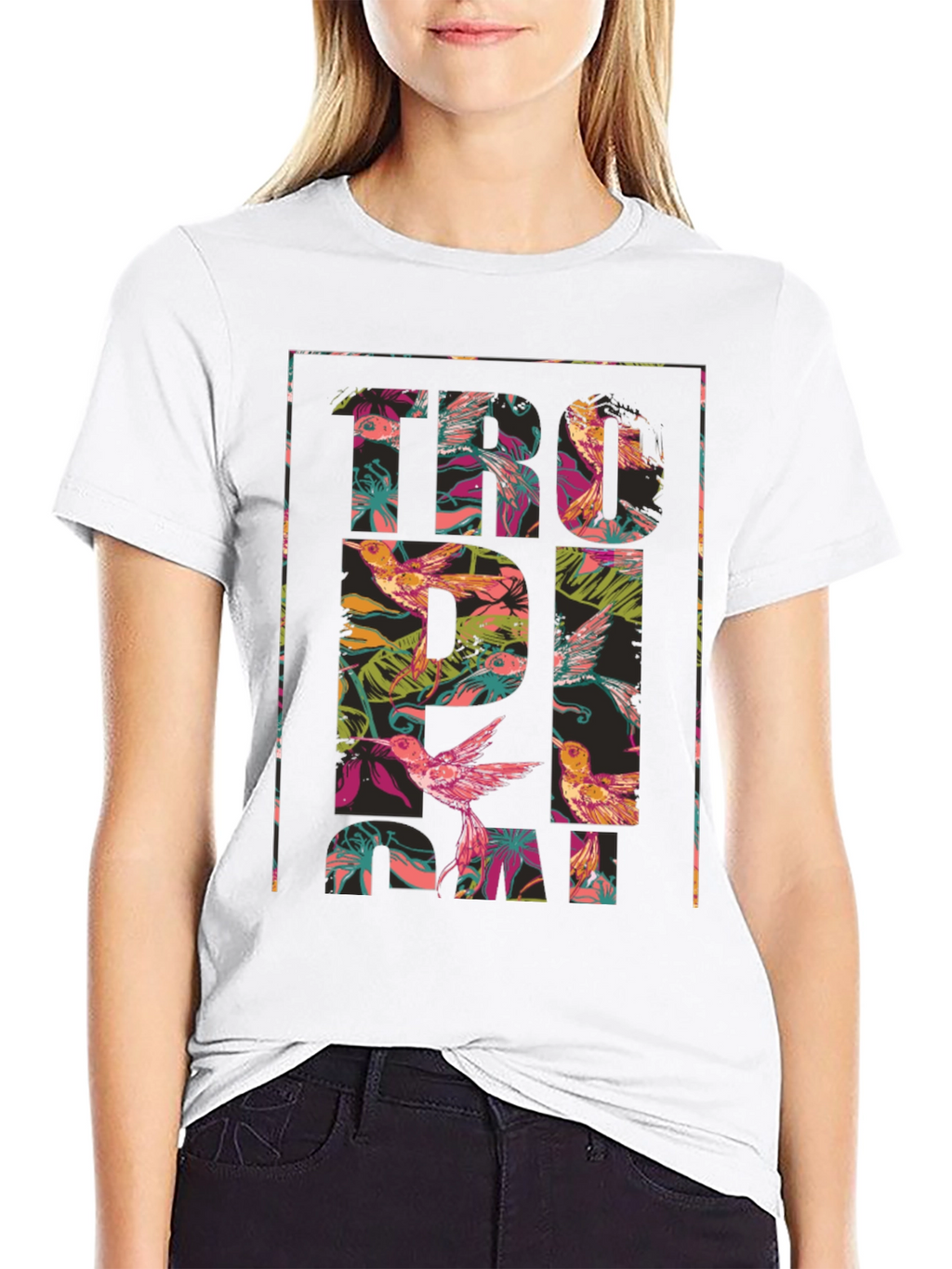 Tropical Floral Hummingbird Graphic T-Shirt