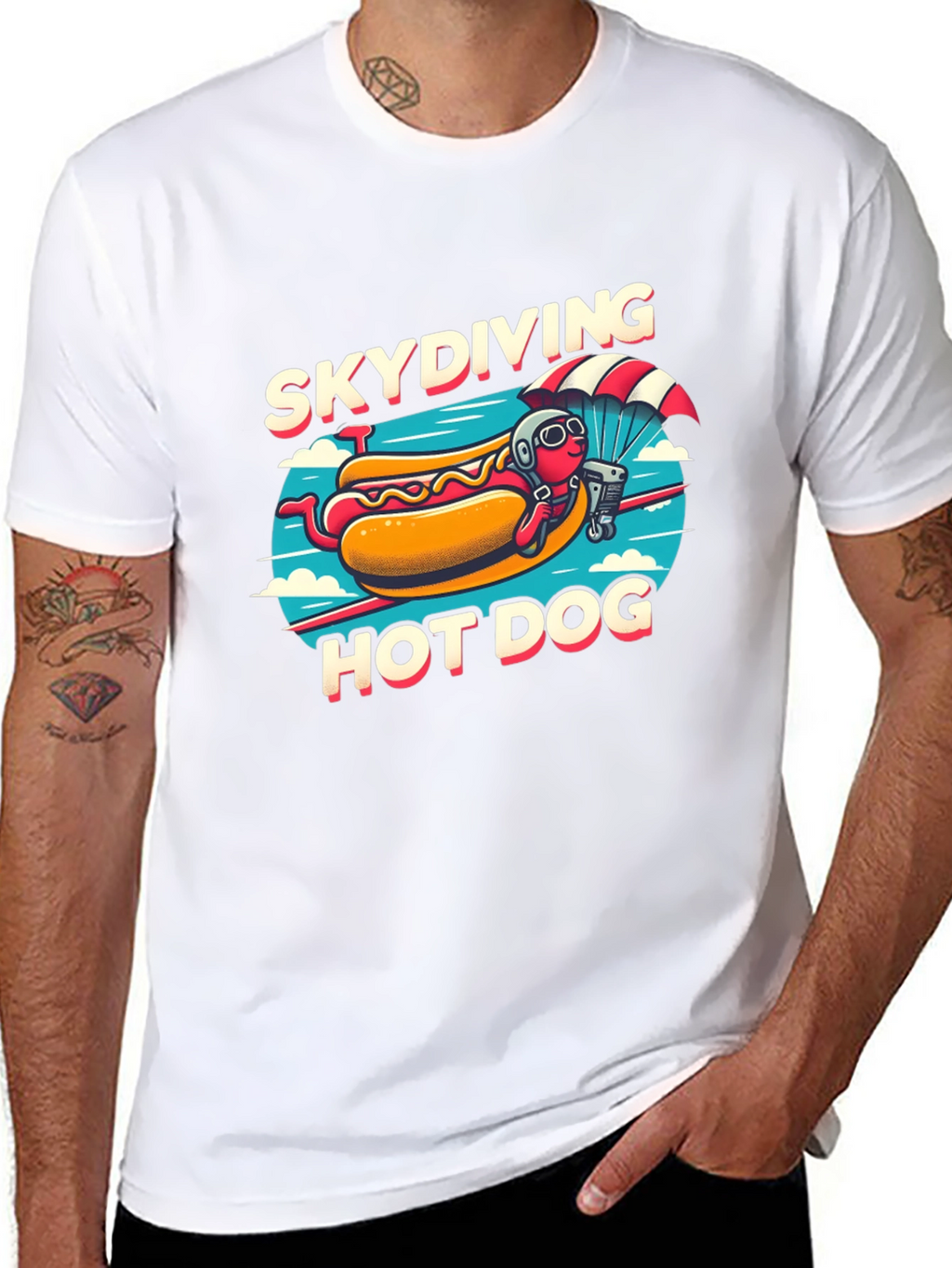 Skydiving Hot Dog T-Shirt - Funny Cartoon Tee