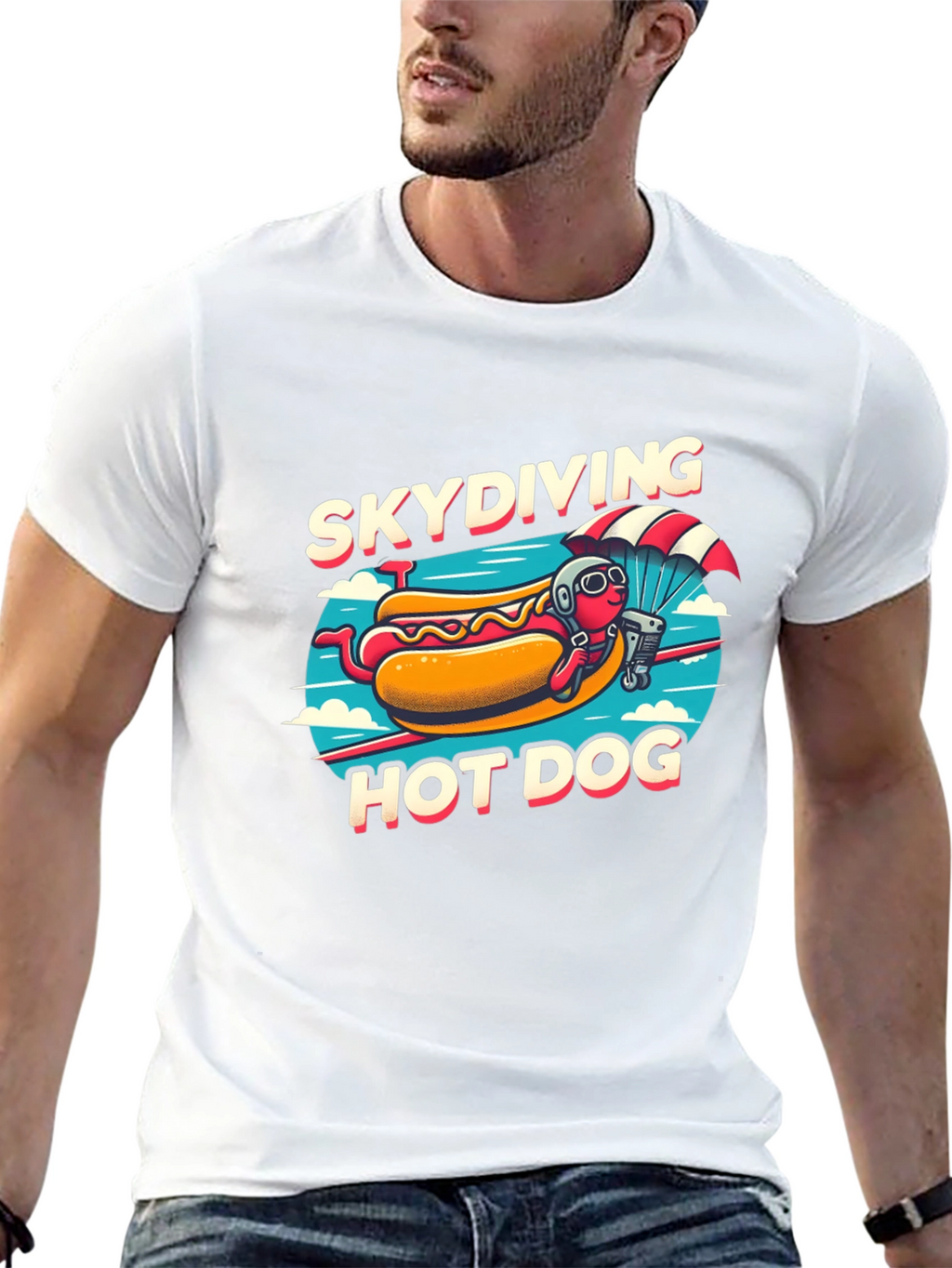 Skydiving Hot Dog T-Shirt - Funny Cartoon Tee