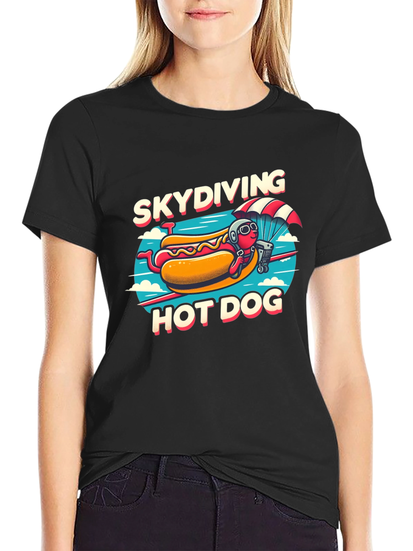 Skydiving Hot Dog T-Shirt - Funny Cartoon Tee