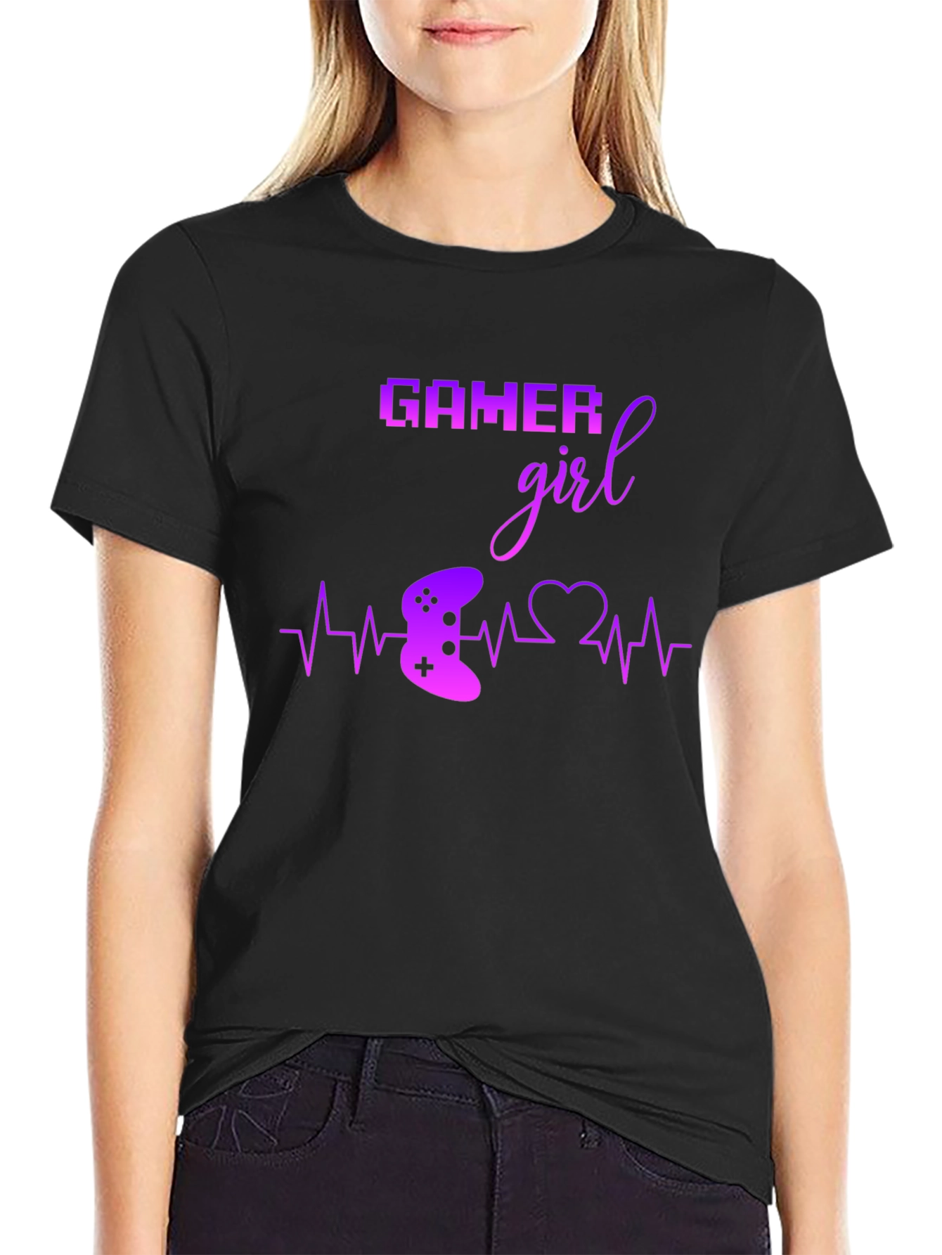 Gamer Girl Black T-Shirt - Gaming Heartbeat Tee