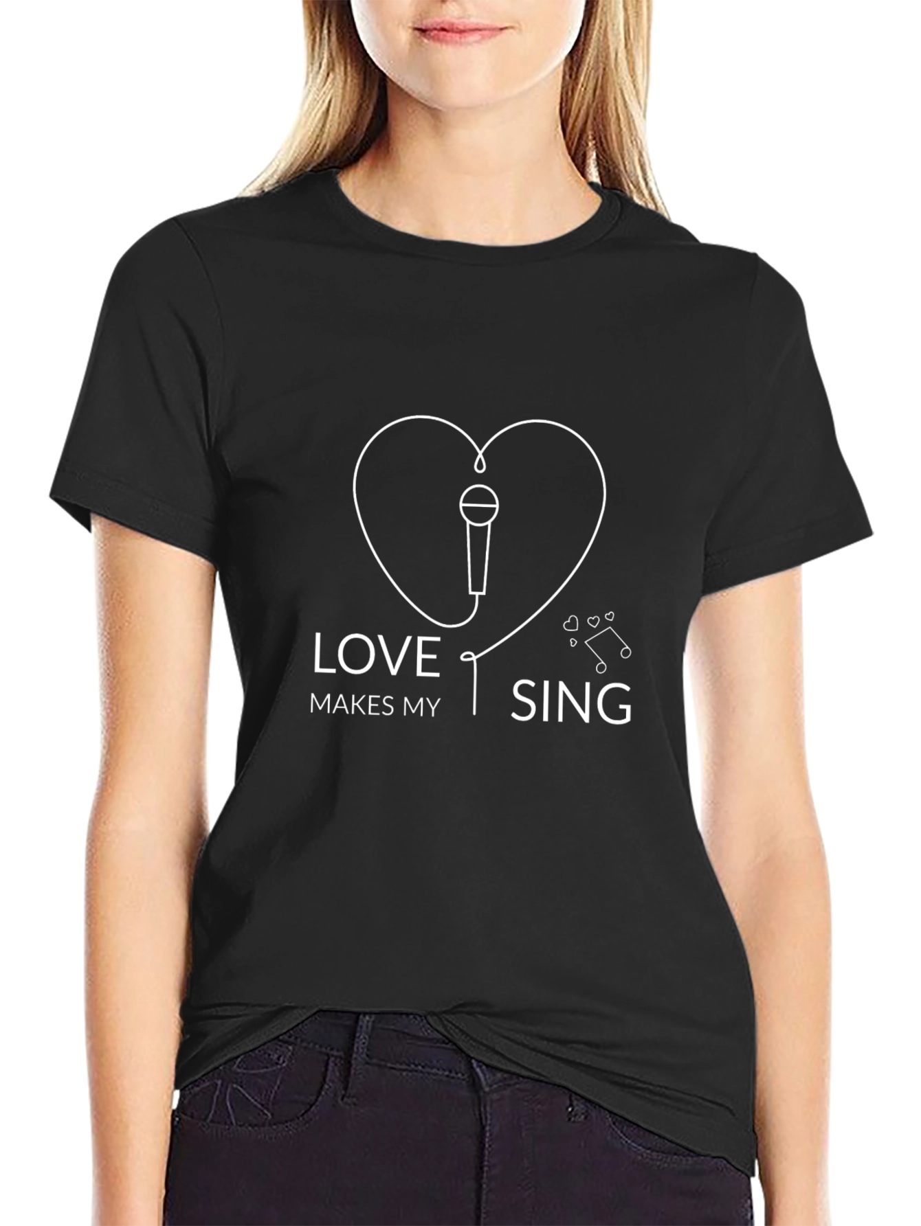 Love Makes My Sing Graphic Tee - Black Crewneck T-Shirt