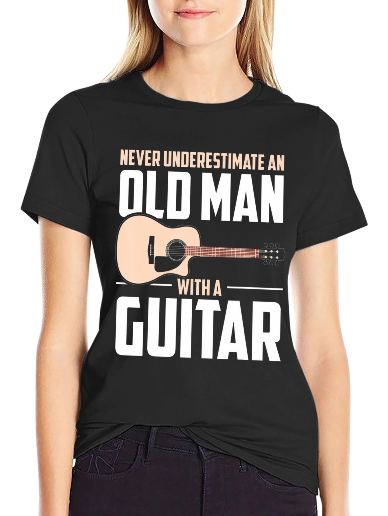 Never Underestimate Old Man Guitar Black T-Shirt