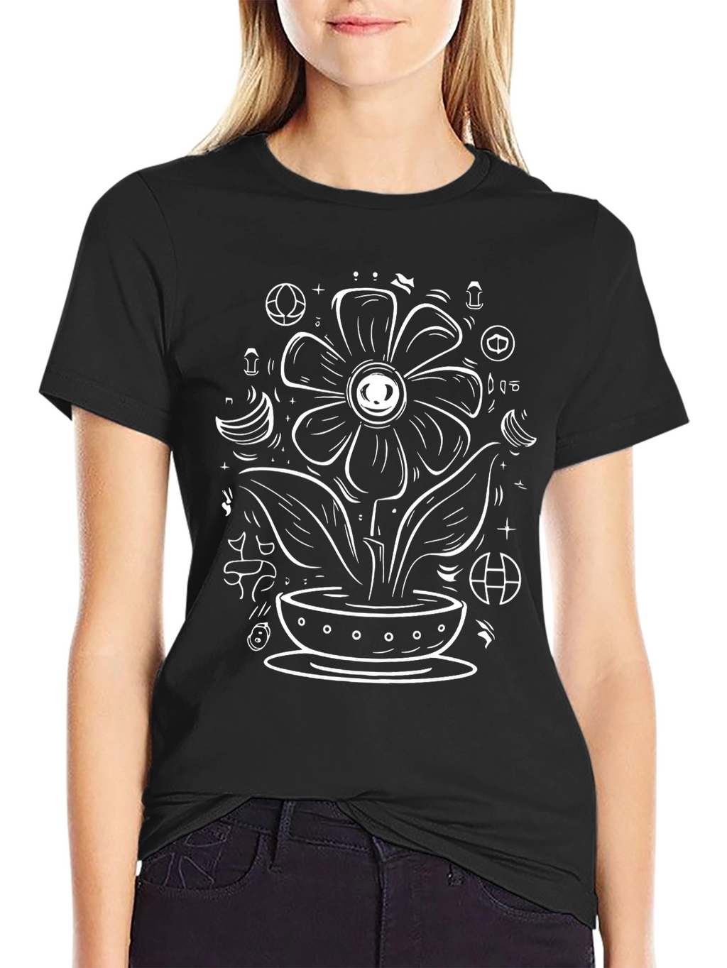 Black Graphic Tee - Floral Eye Design
