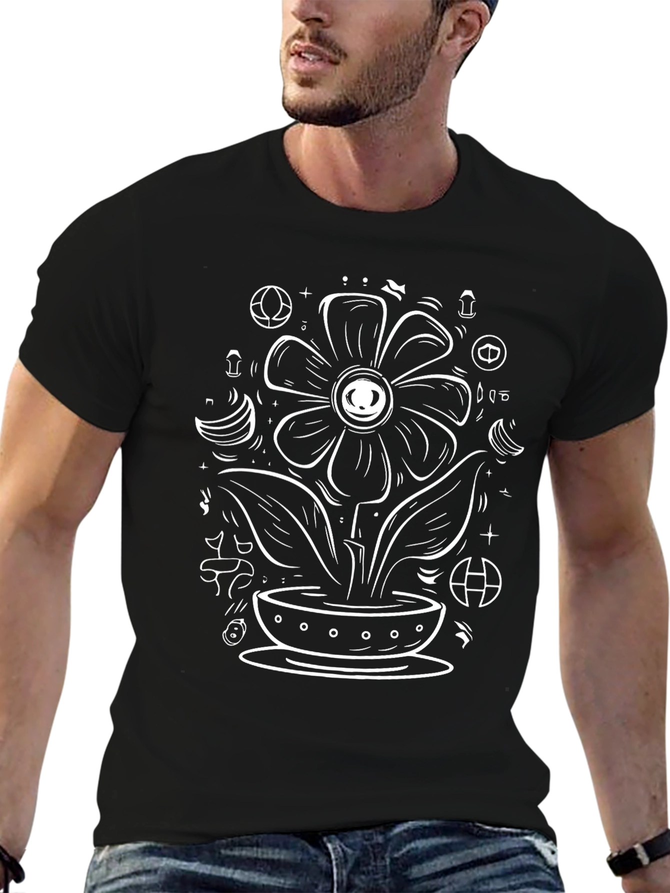 Black Graphic Tee - Floral Eye Design