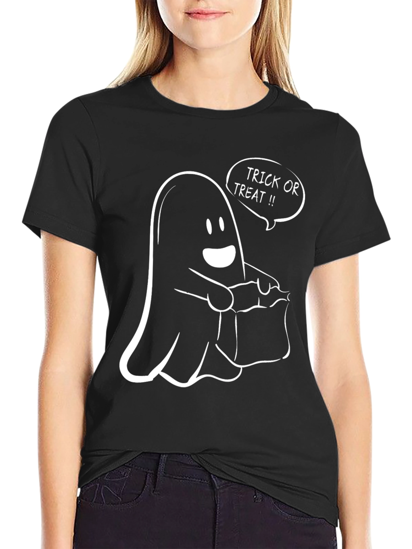 Halloween Ghost Trick or Treat Graphic Tee - Mens Black T-Shirt