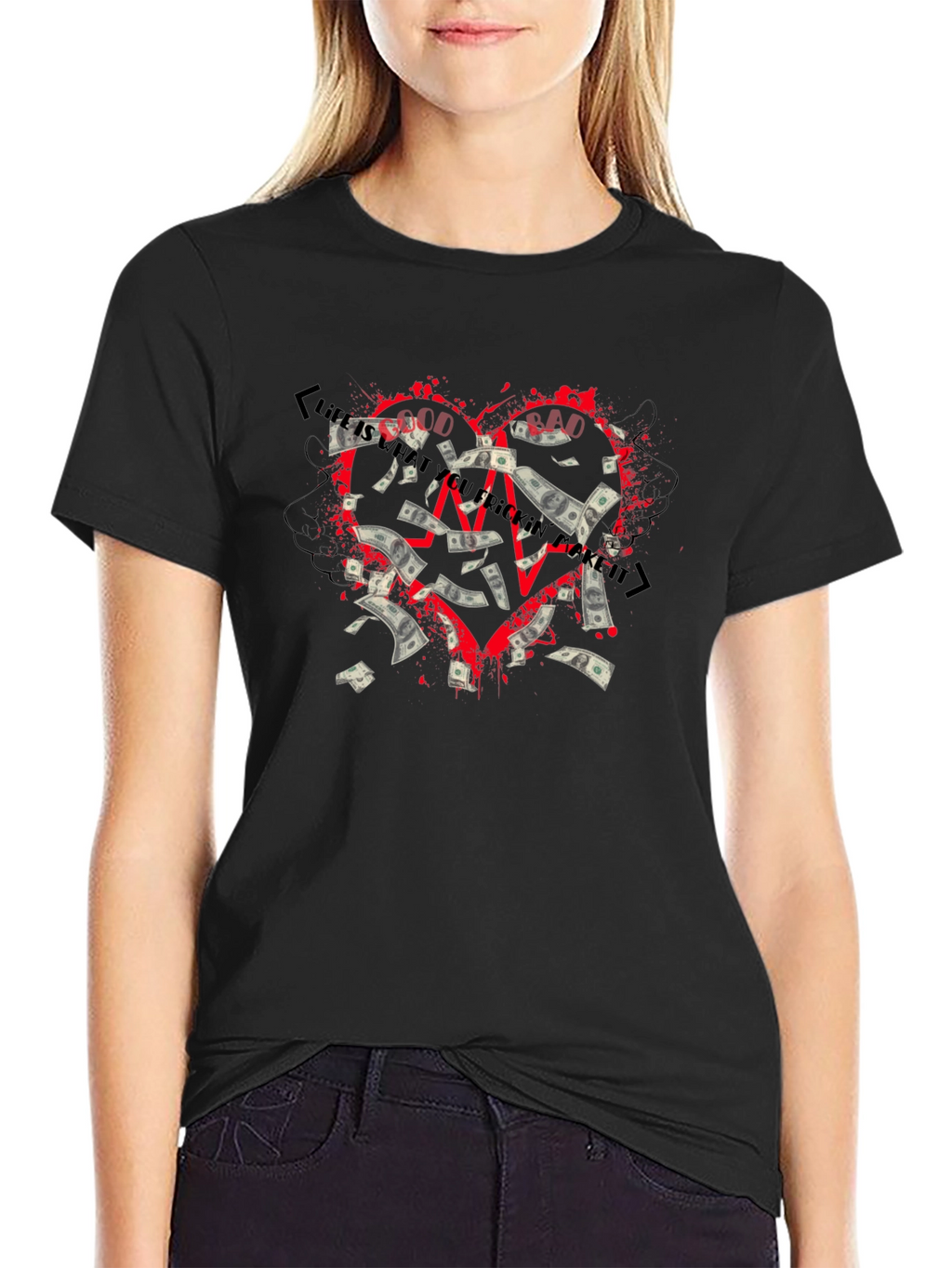 Money Heart Graphic T-Shirt - Black