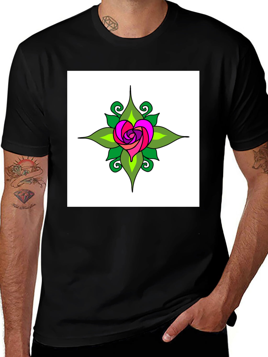 Heart Rose Graphic Tee - Black Cotton T-Shirt