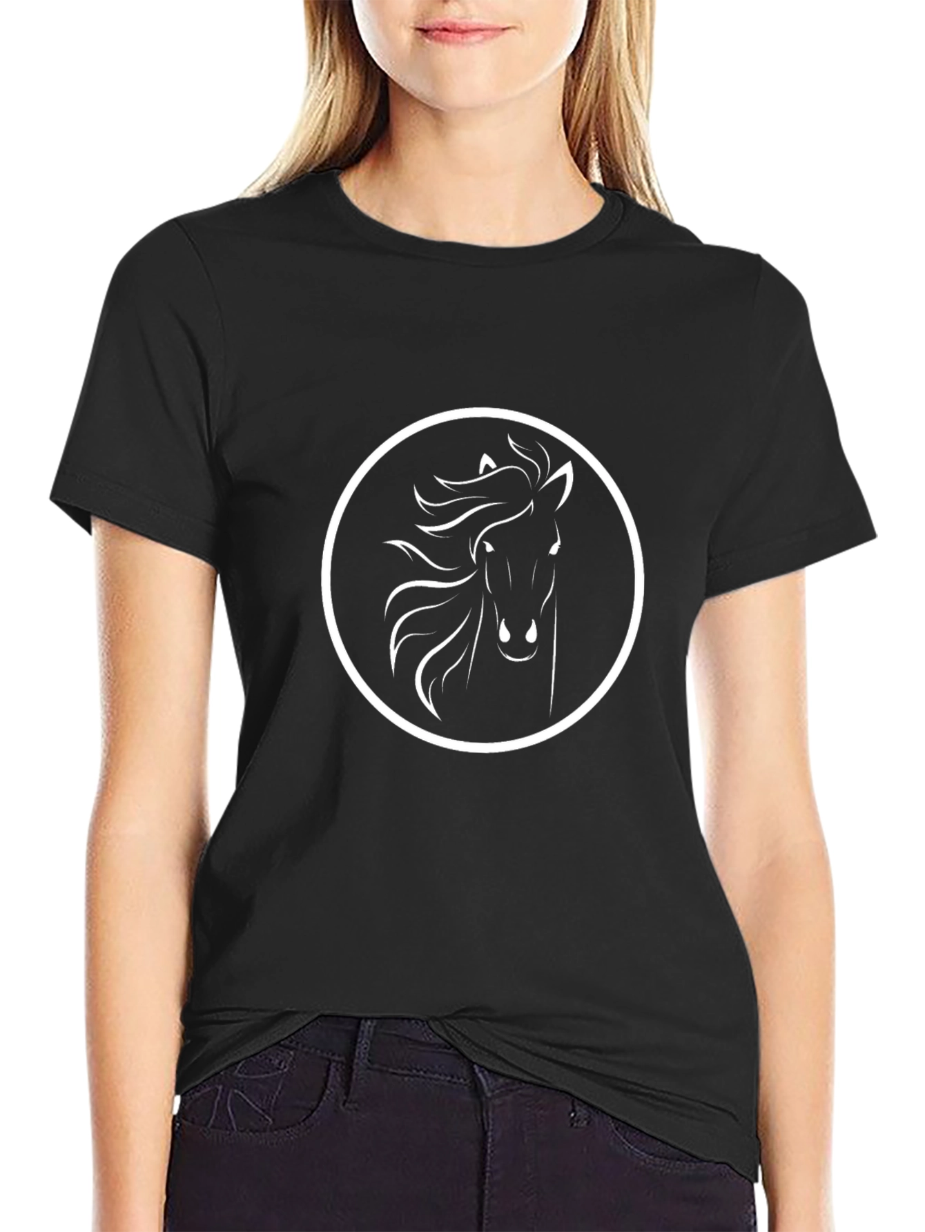 Black T-Shirt with White Horse Circle Design