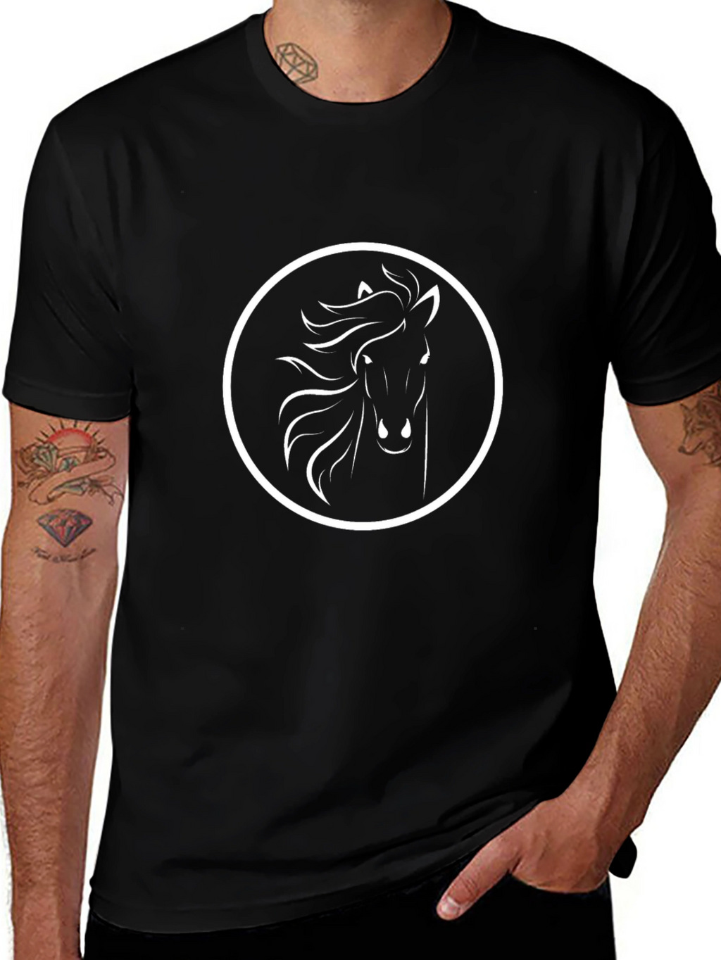 Black T-Shirt with White Horse Circle Design